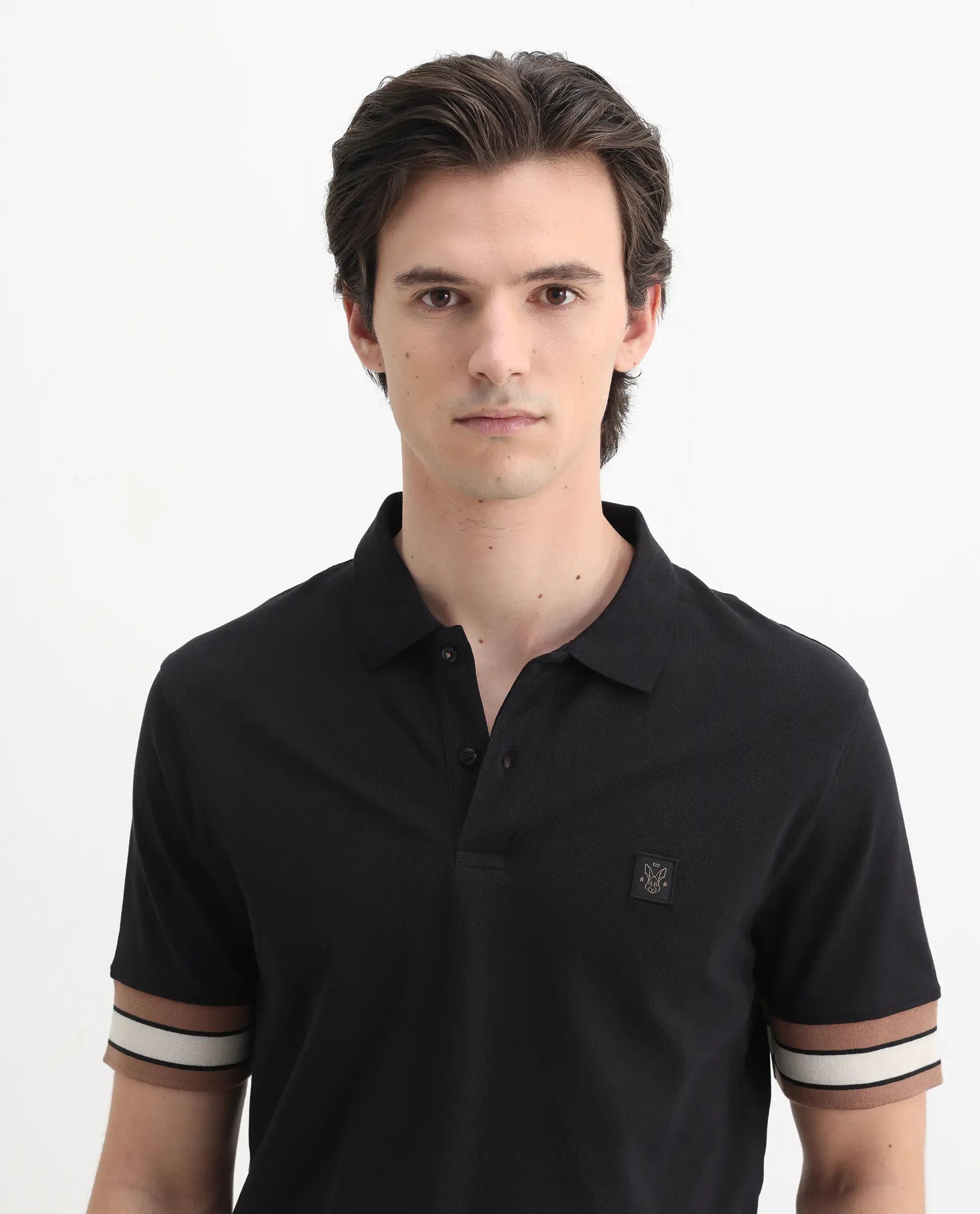 Rare Rabbit Men's Tao Black Cotton Plain Regular Fit Half Sleeve Polo