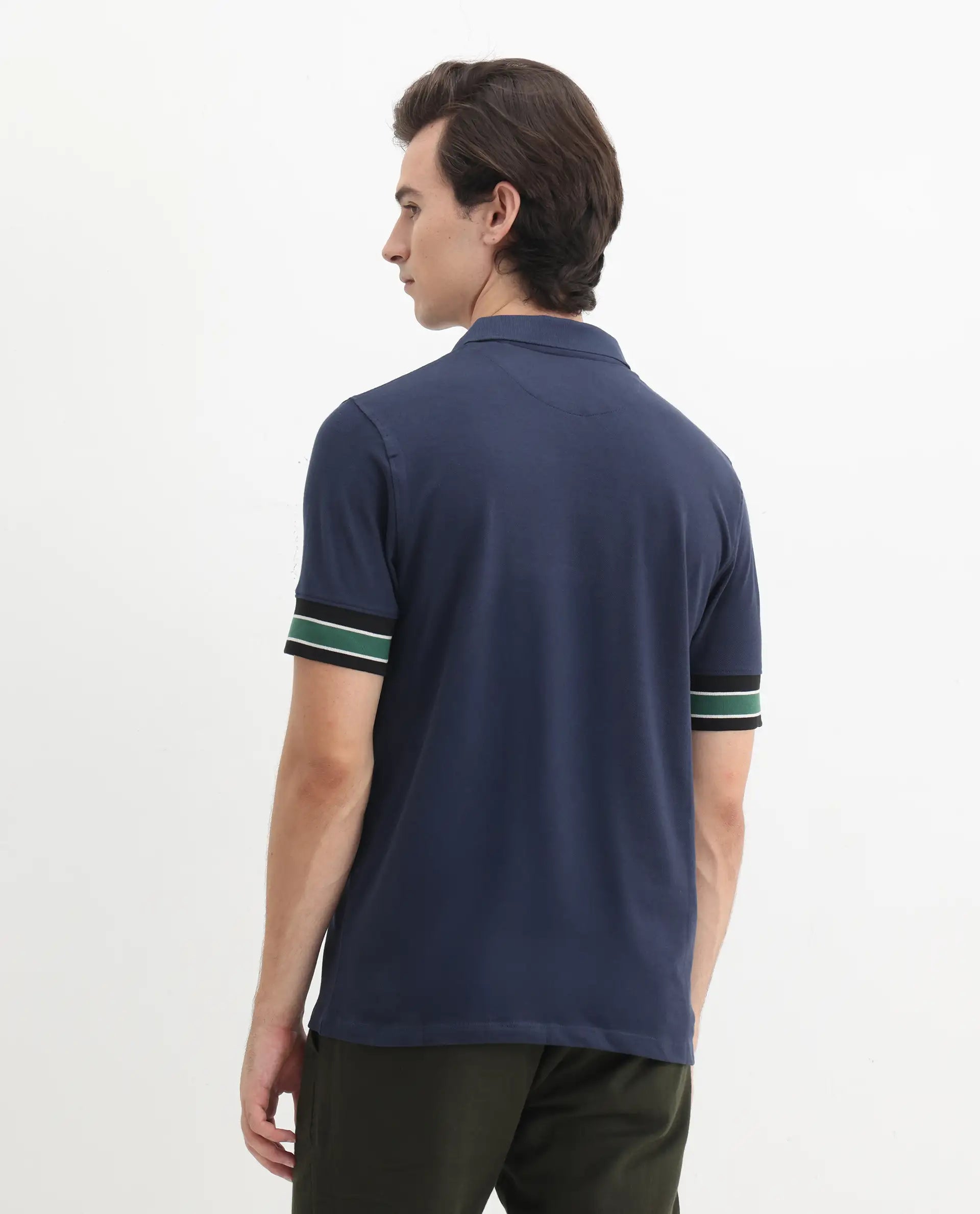 Rare Rabbit Men's Tao Dark Blue Cotton Plain Regular Fit Half Sleeve Polo