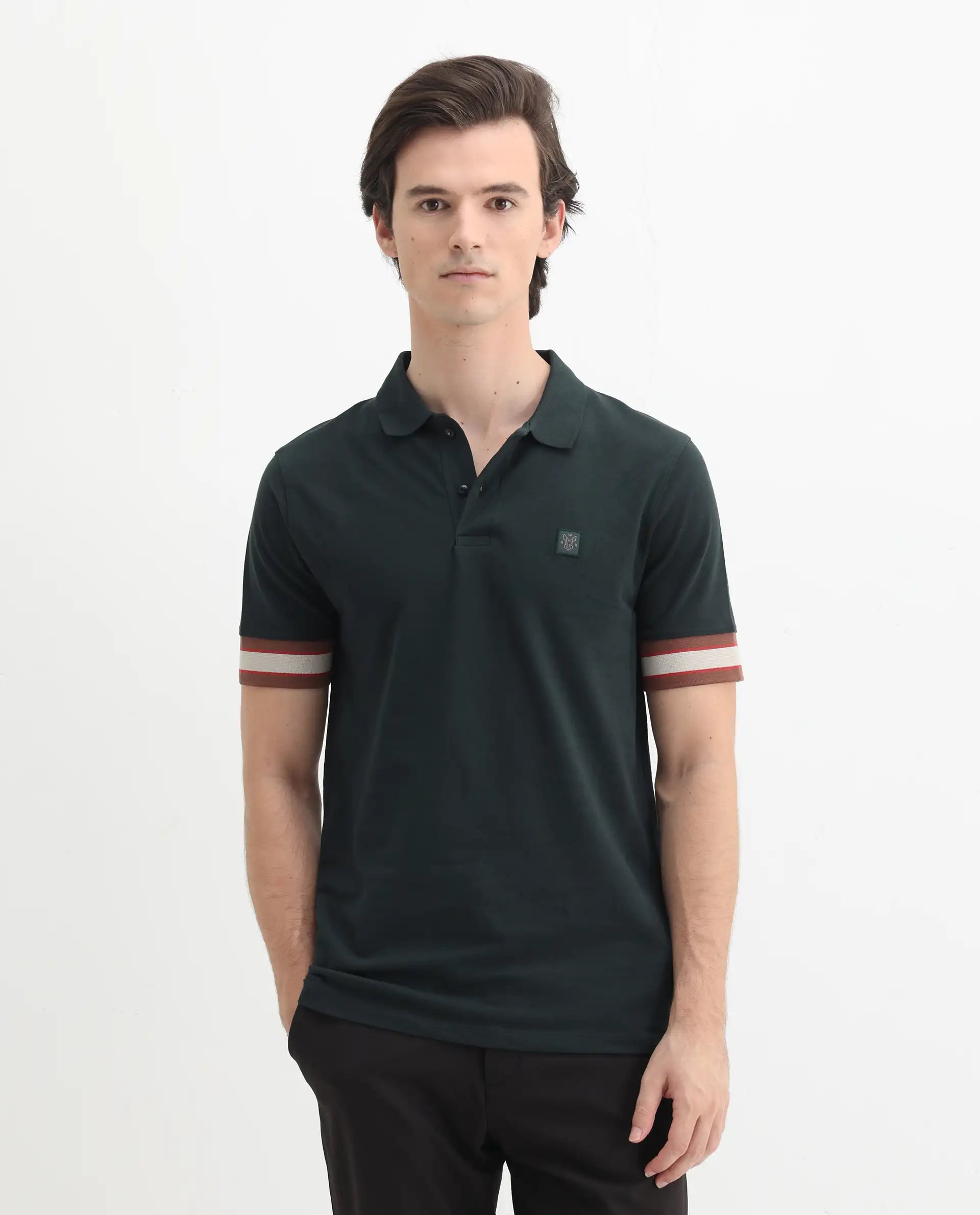 Rare Rabbit Men's Tao Green Cotton Plain Regular Fit Half Sleeve Polo