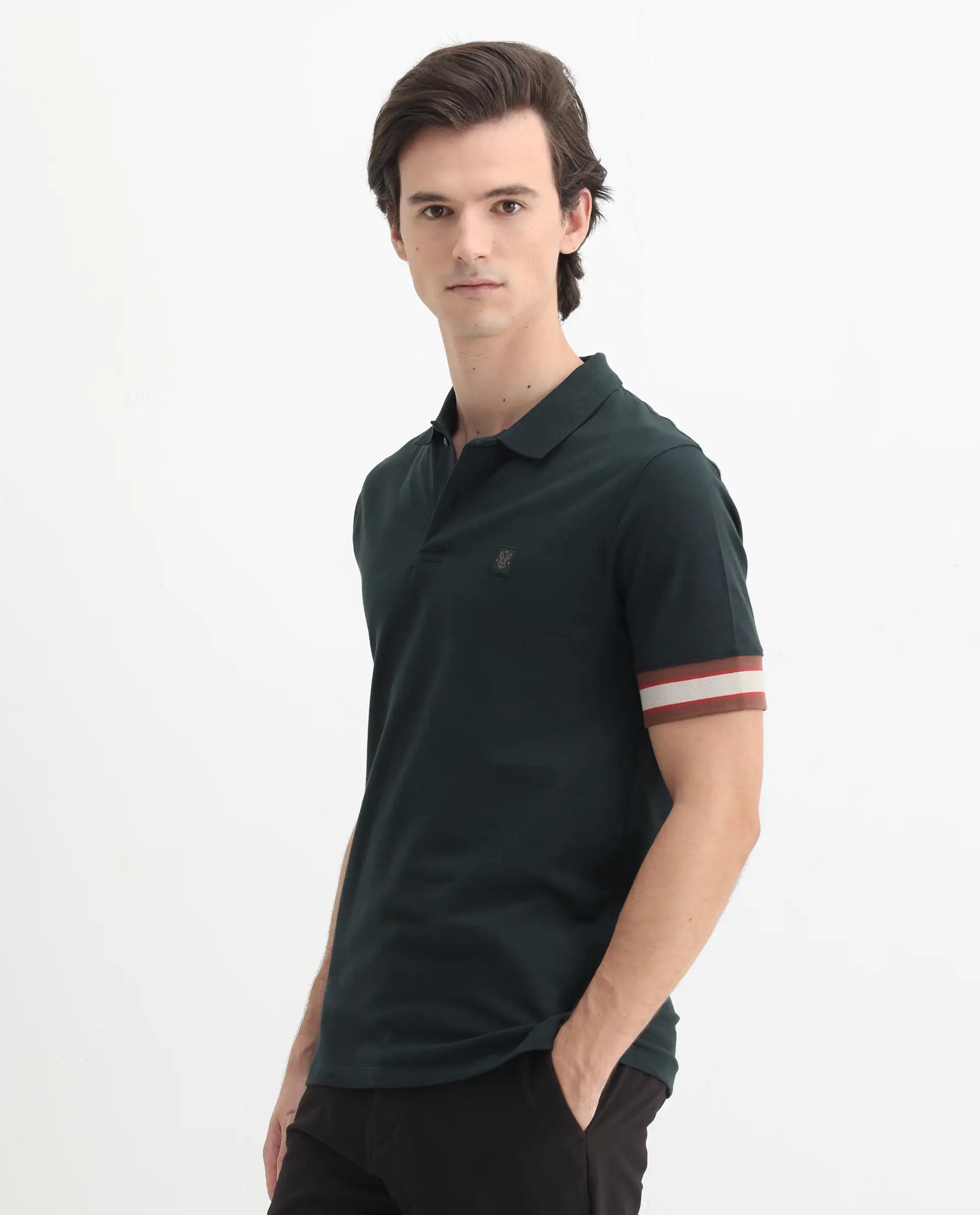 Rare Rabbit Men's Tao Green Cotton Plain Regular Fit Half Sleeve Polo