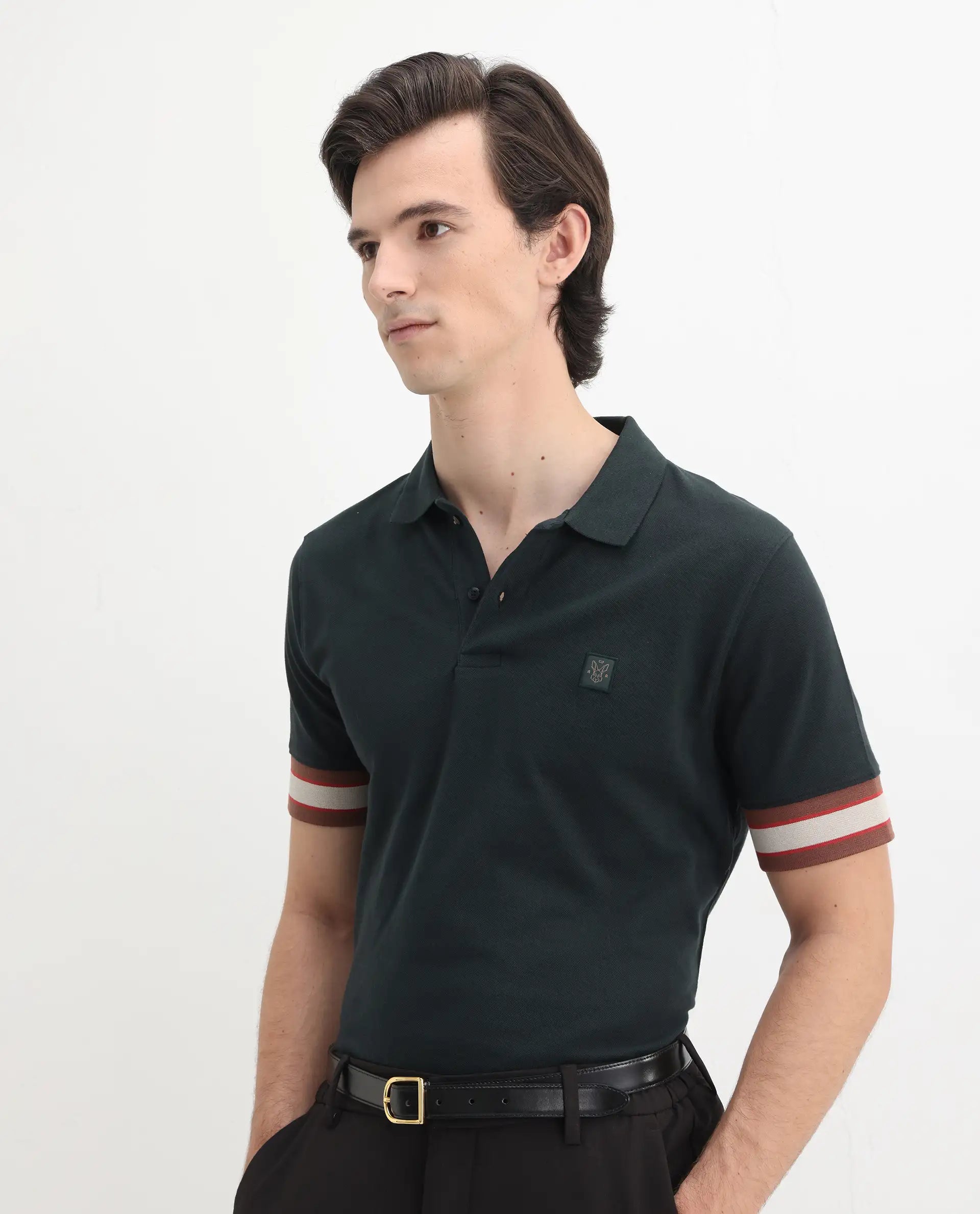 Rare Rabbit Men's Tao Green Cotton Plain Regular Fit Half Sleeve Polo