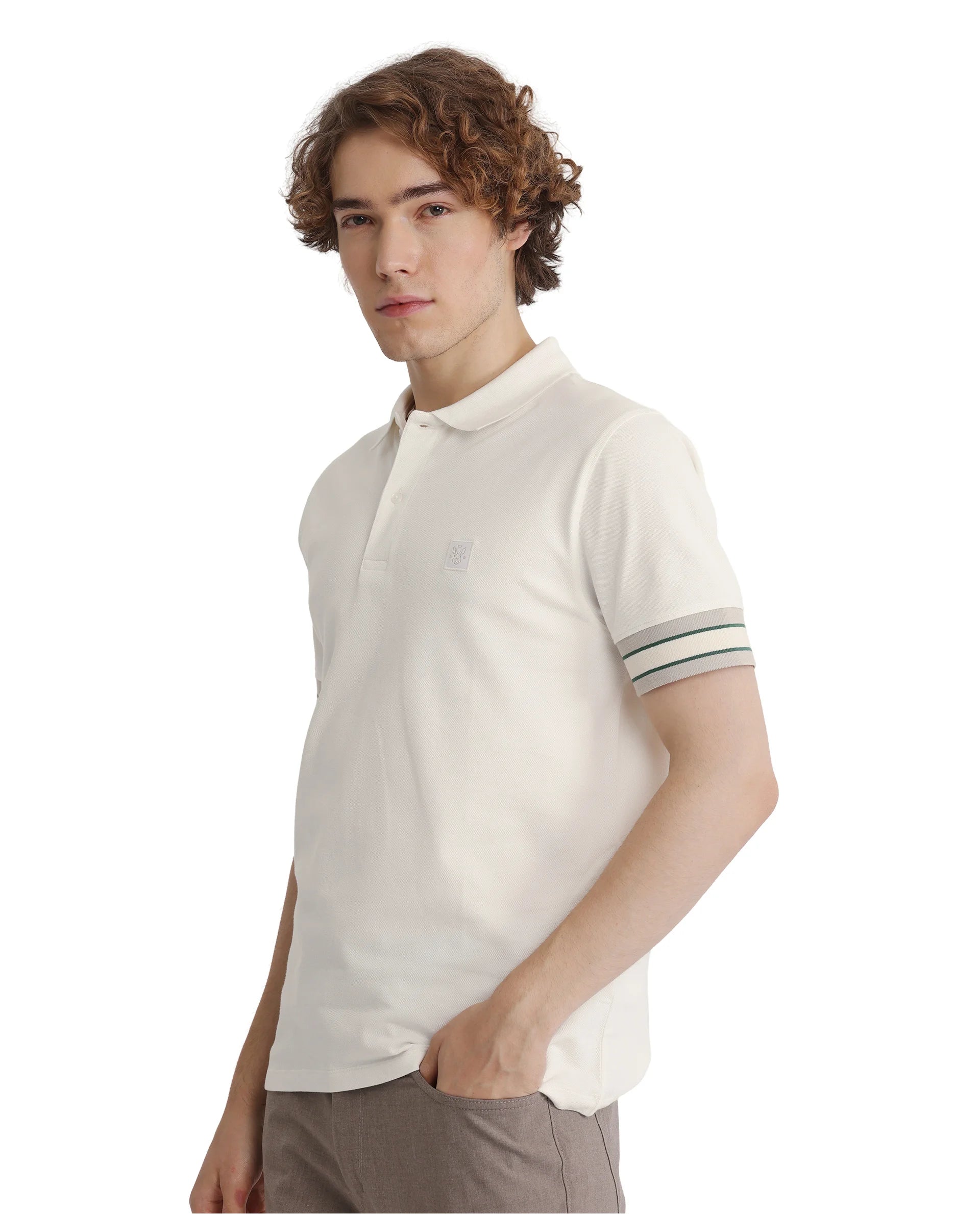 Rare Rabbit Men Tao Off White Cotton Pique Fabric Short Sleeve Regular Fit Logo Chest Badge Contrasting Sleeve Plain Polo