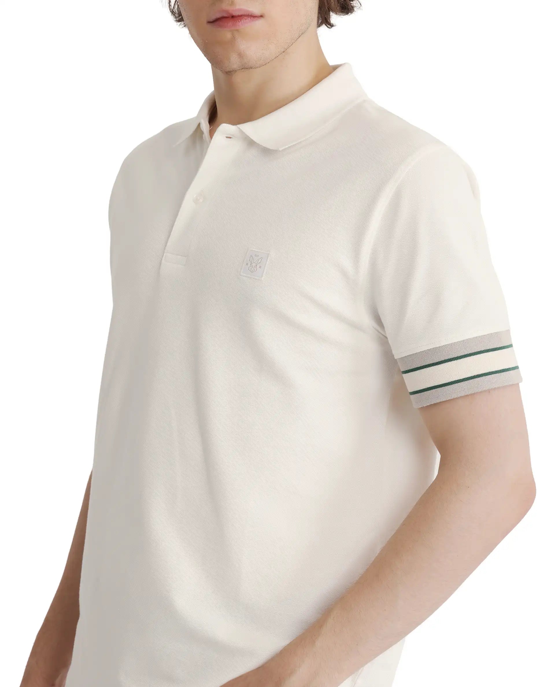Rare Rabbit Men Tao Off White Cotton Pique Fabric Short Sleeve Regular Fit Logo Chest Badge Contrasting Sleeve Plain Polo