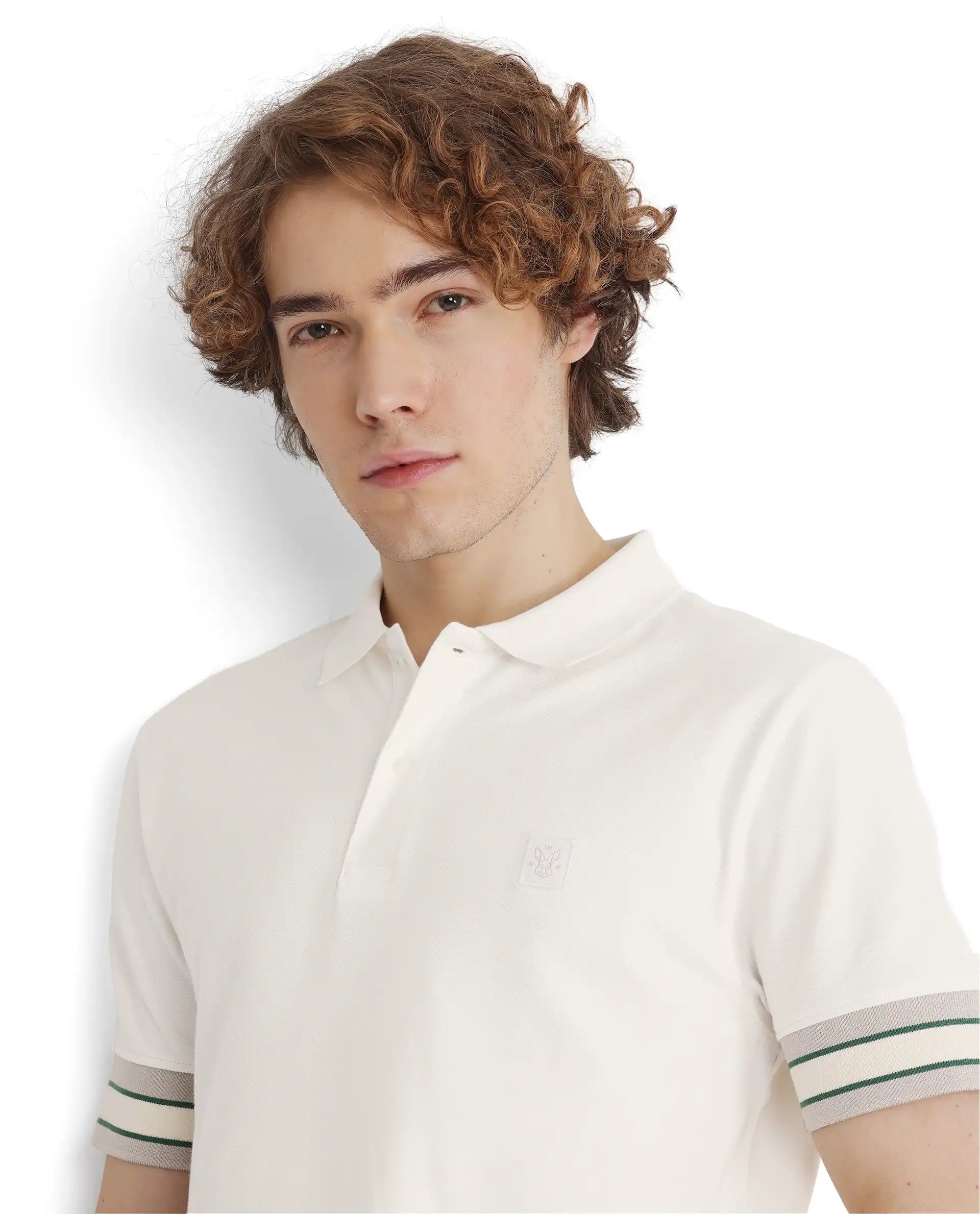 Rare Rabbit Men Tao Off White Cotton Pique Fabric Short Sleeve Regular Fit Logo Chest Badge Contrasting Sleeve Plain Polo
