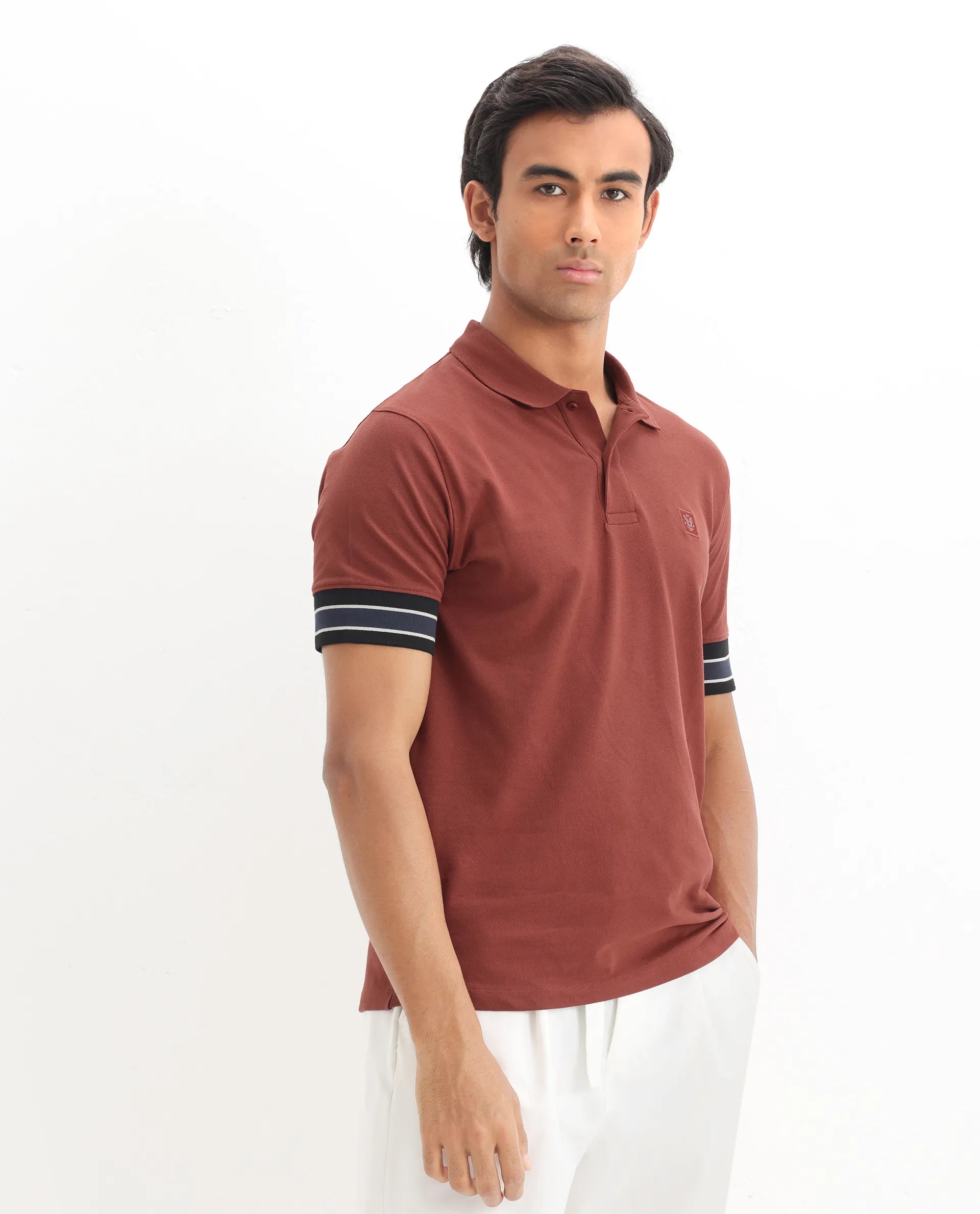 Rare Rabbit Men's Tao Red Cotton Plain Regular Fit Half Sleeve Polo