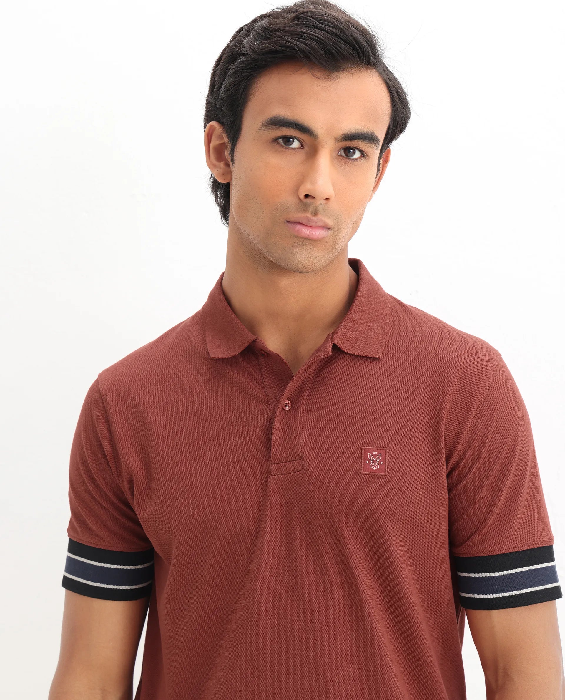 Rare Rabbit Men's Tao Red Cotton Plain Regular Fit Half Sleeve Polo