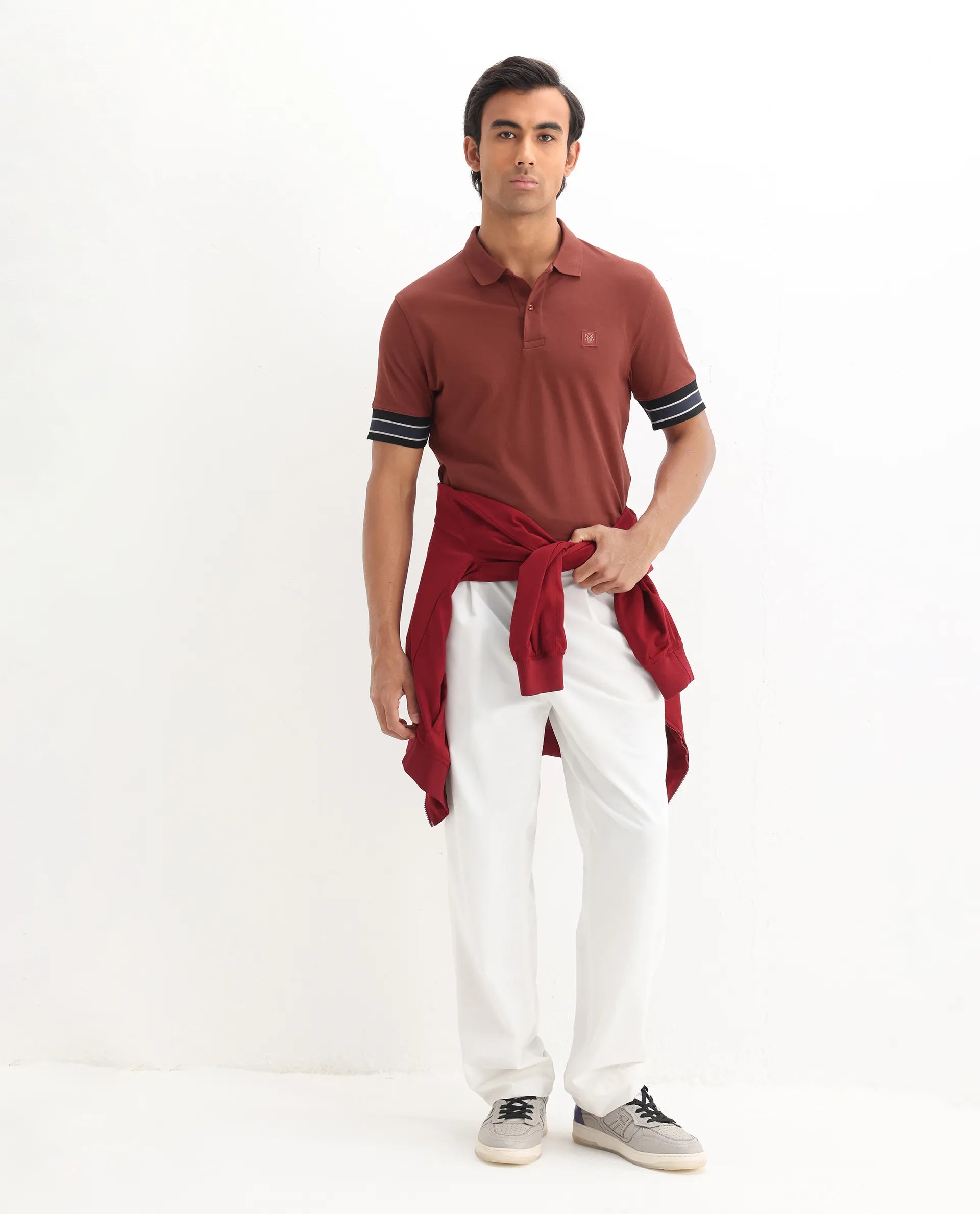 Rare Rabbit Men's Tao Red Cotton Plain Regular Fit Half Sleeve Polo