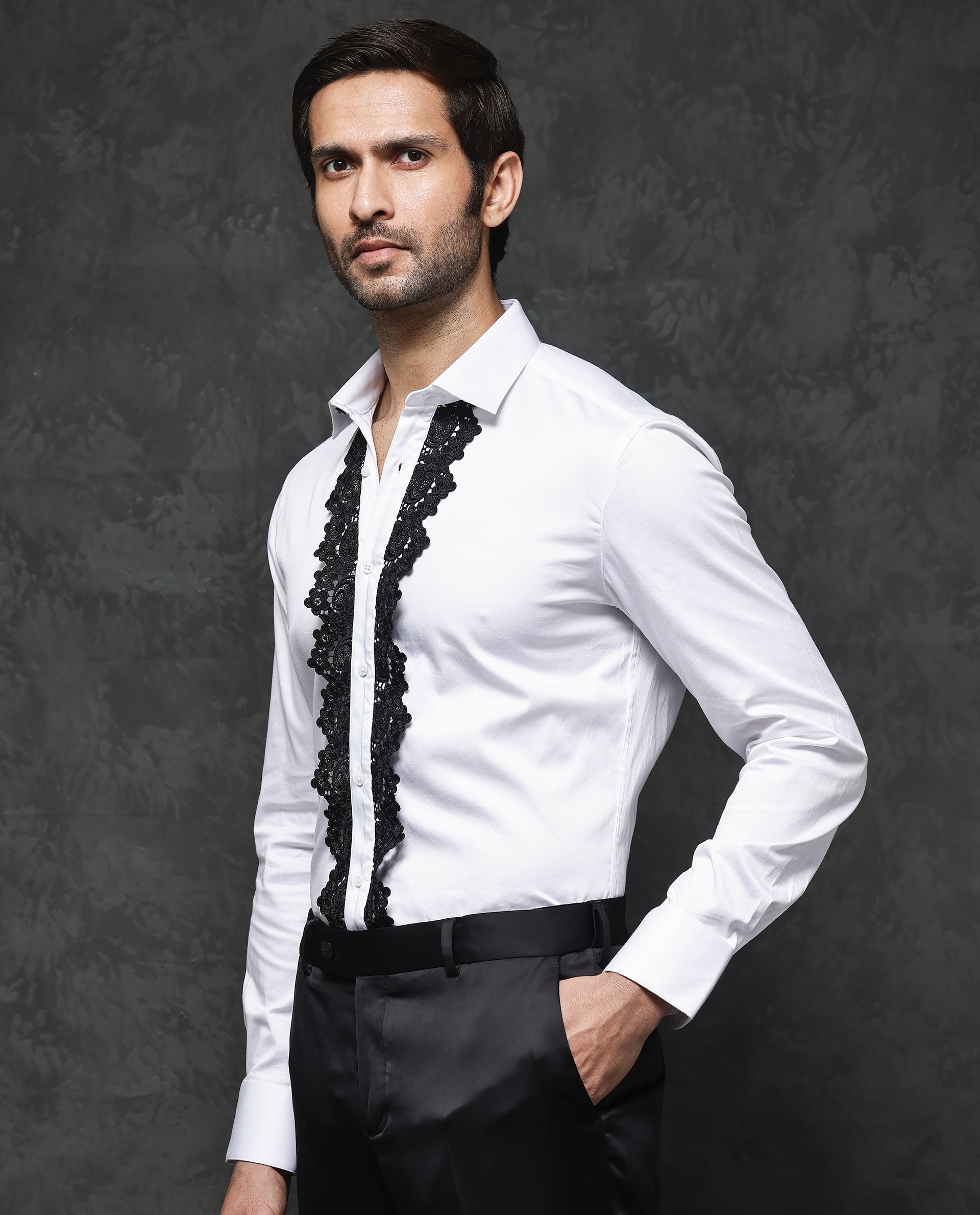 Rare Rabbit Men's Tapeon White Collared Neck Solid Lace Embellished Regular Fit Shirt