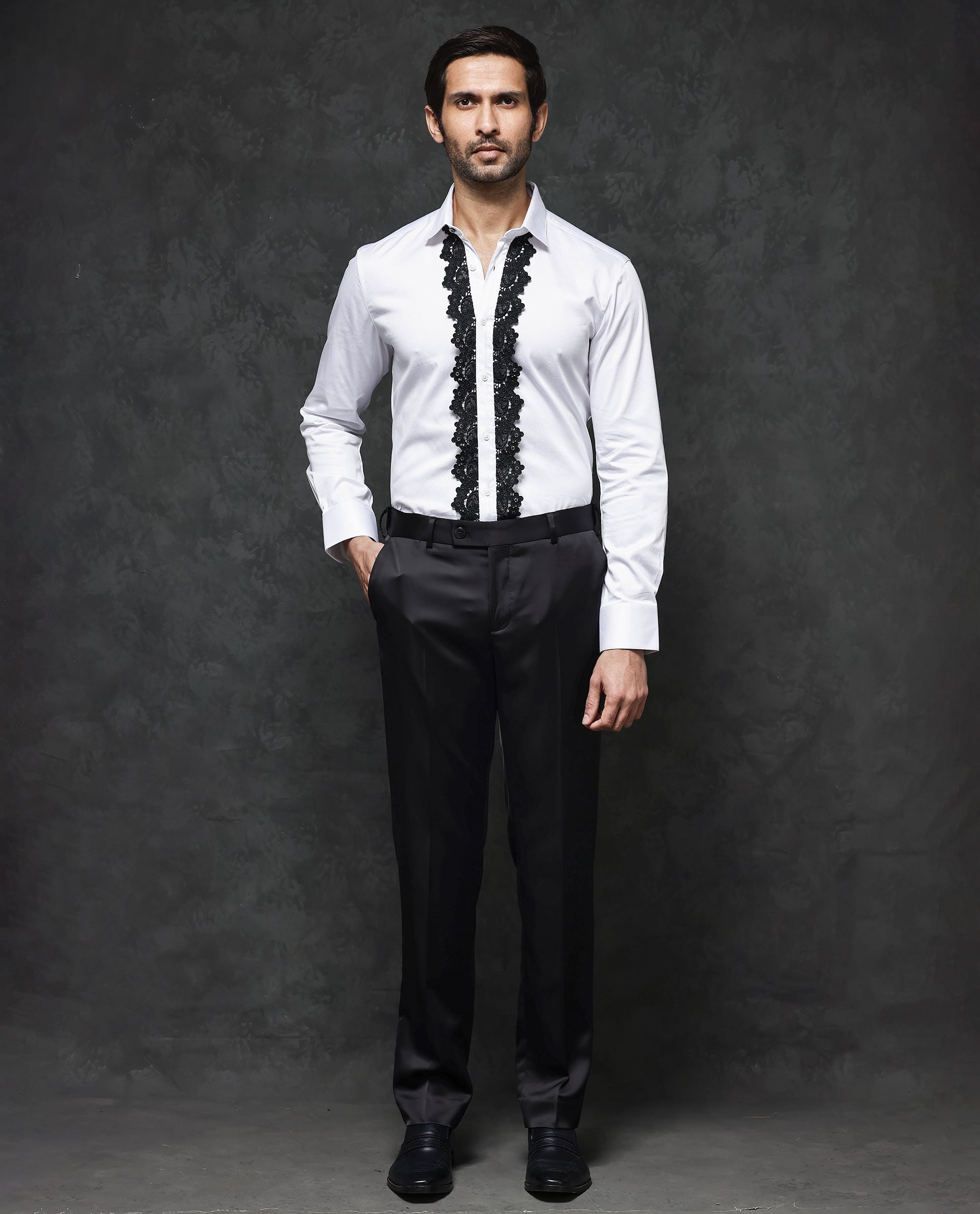 Rare Rabbit Men's Tapeon White Collared Neck Solid Lace Embellished Regular Fit Shirt