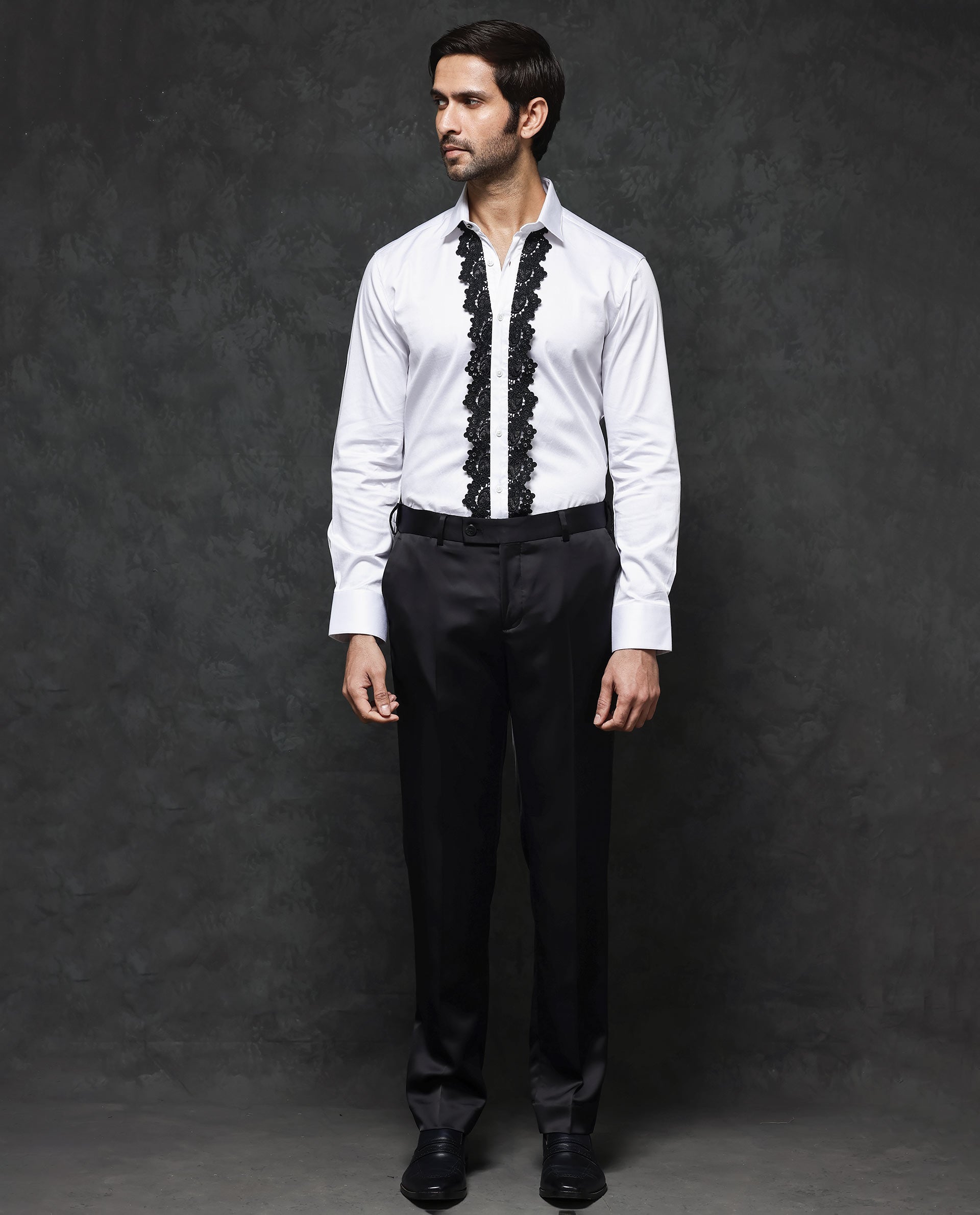 Rare Rabbit Men's Tapeon White Collared Neck Solid Lace Embellished Regular Fit Shirt