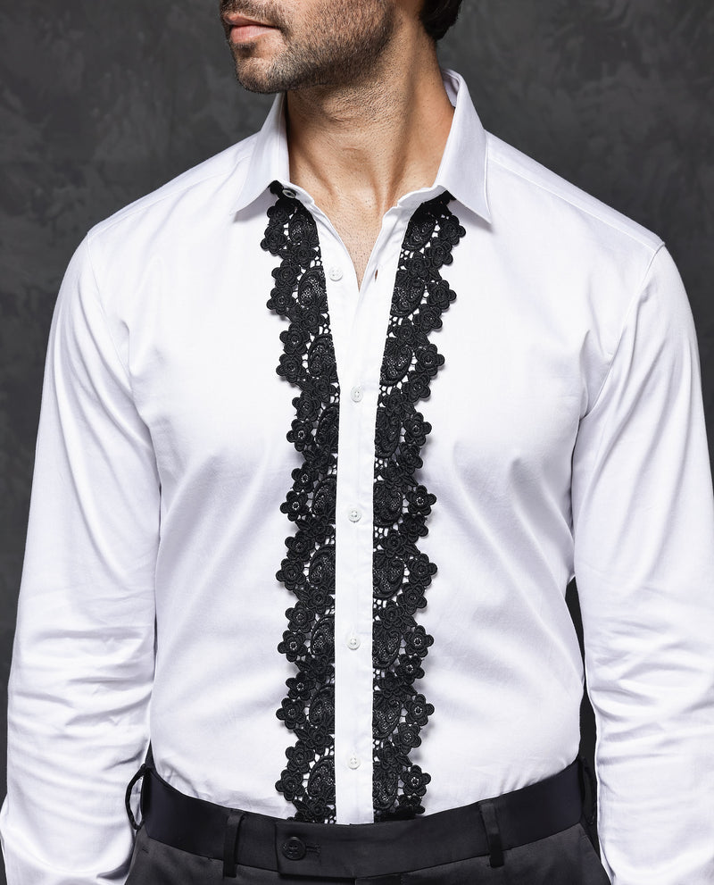 Rare Rabbit Men's Tapeon White Collared Neck Solid Lace Embellished Regular Fit Shirt