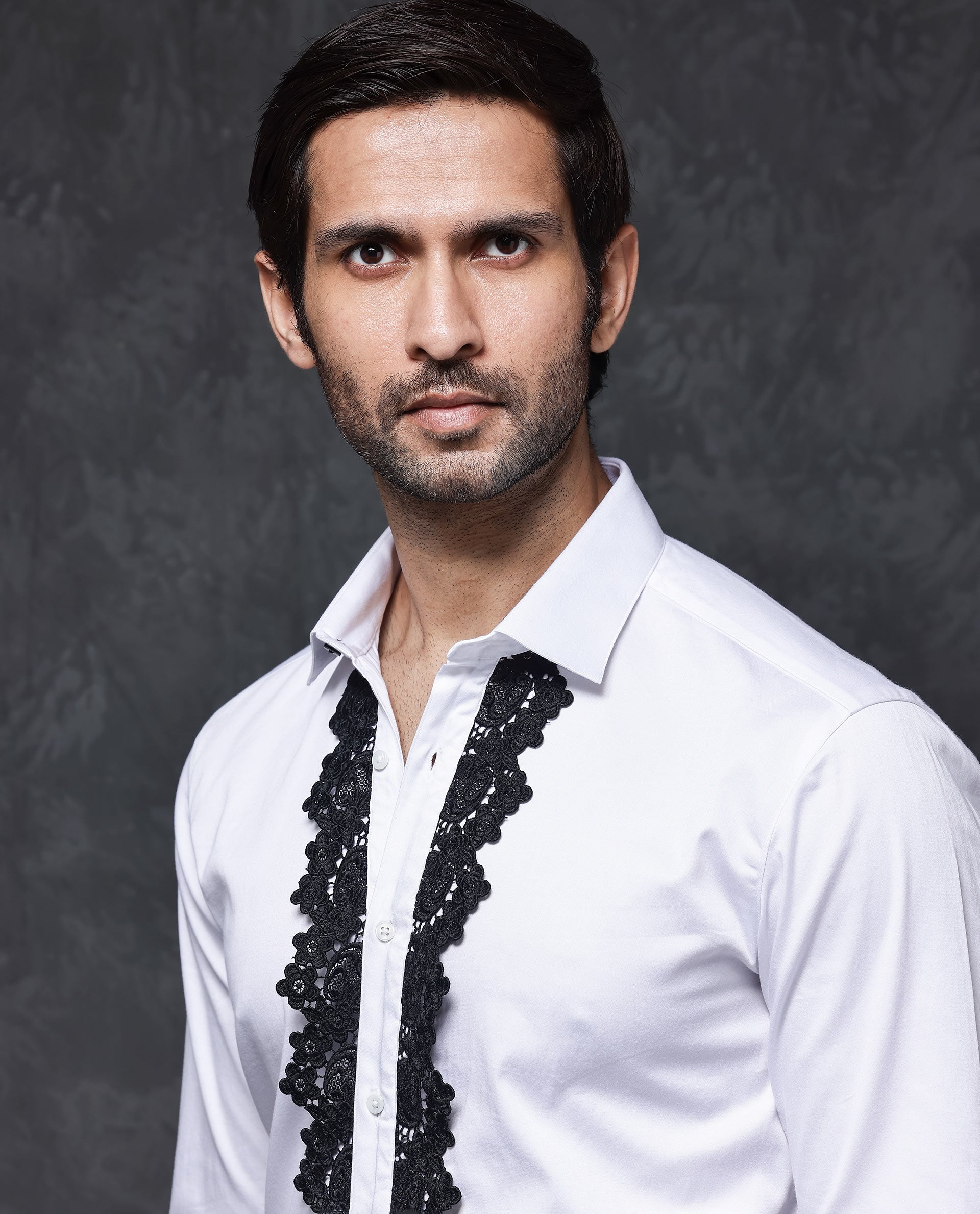 Rare Rabbit Men's Tapeon White Collared Neck Solid Lace Embellished Regular Fit Shirt