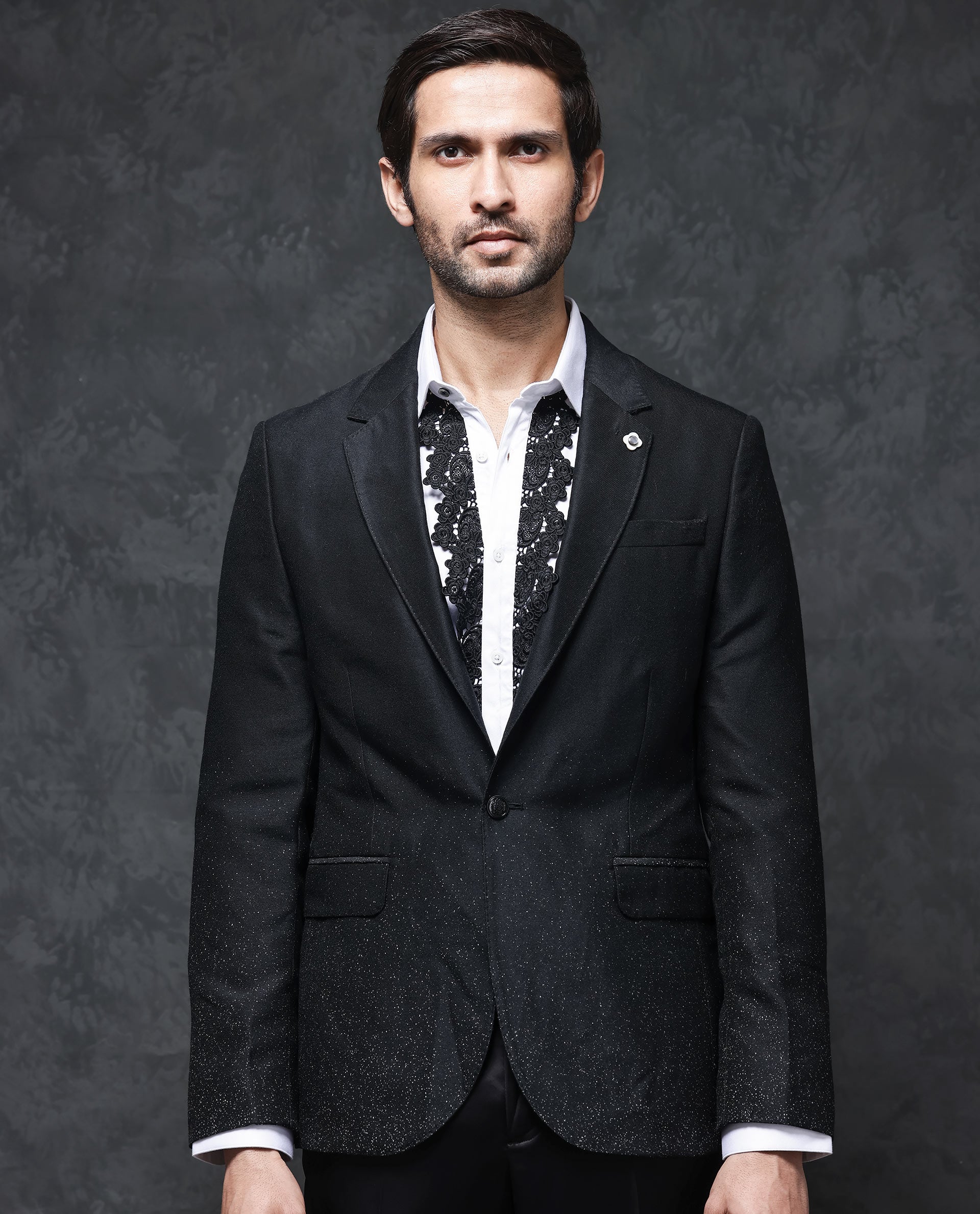 Rare Rabbit Men's Tapeon White Collared Neck Solid Lace Embellished Regular Fit Shirt