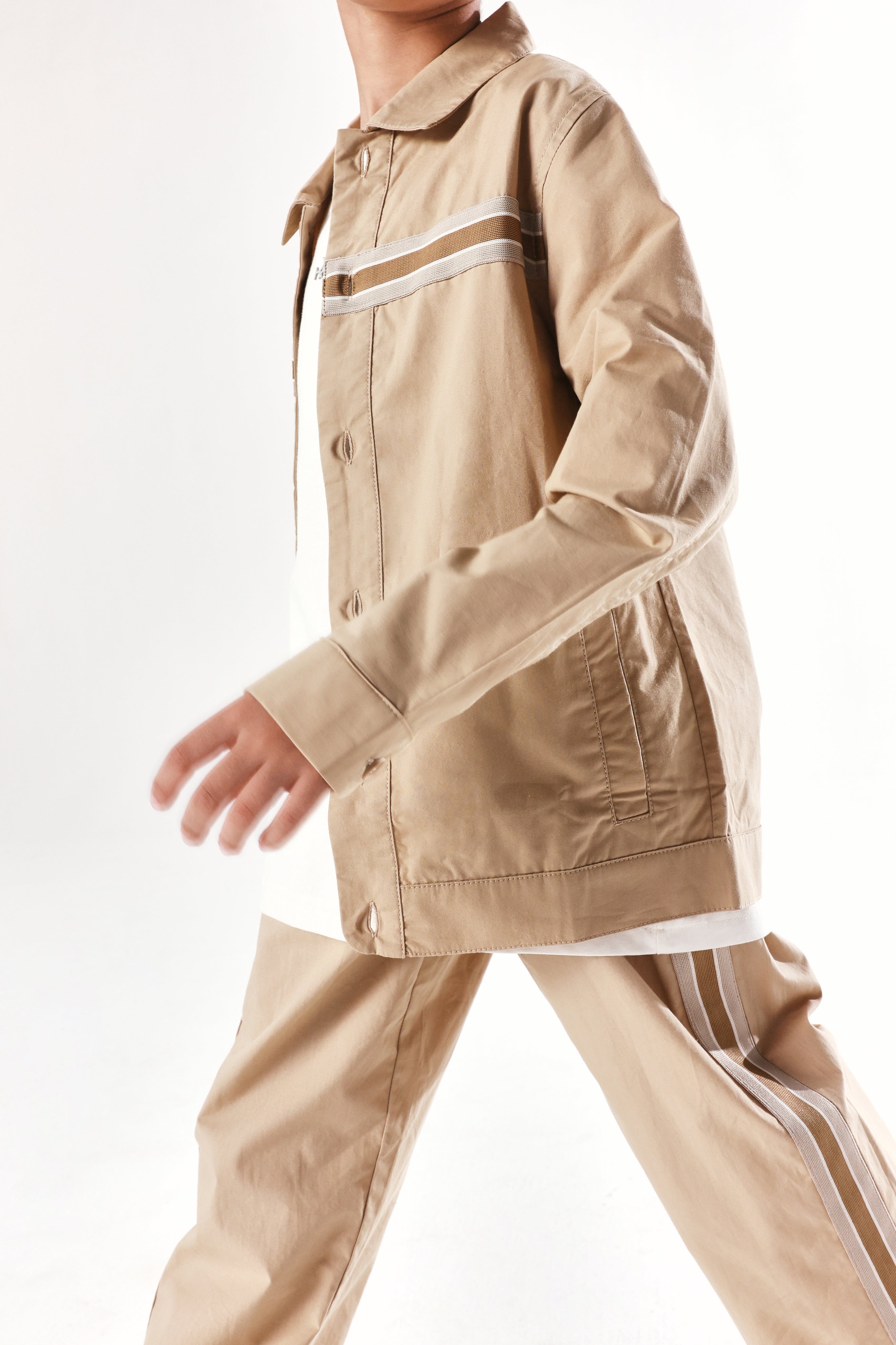 Rare Ones Kids Taper-S Beige Cotton Full Sleeve Button Closure Solid Terron Fit Shacket