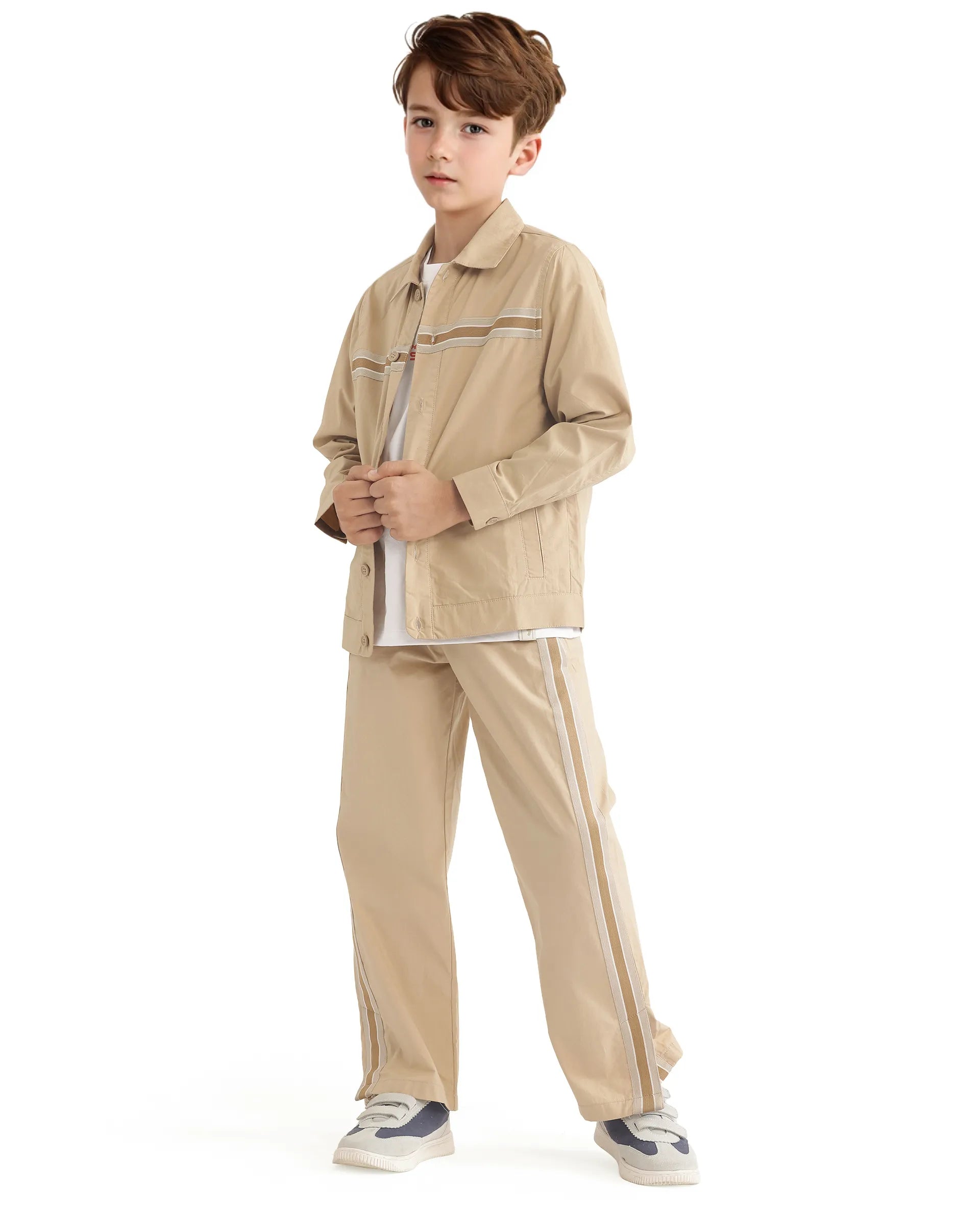 Rare Ones Kids Taper-B Beige Button & Zip Closure Regular Fit Tape Detailed Cotton Trouser