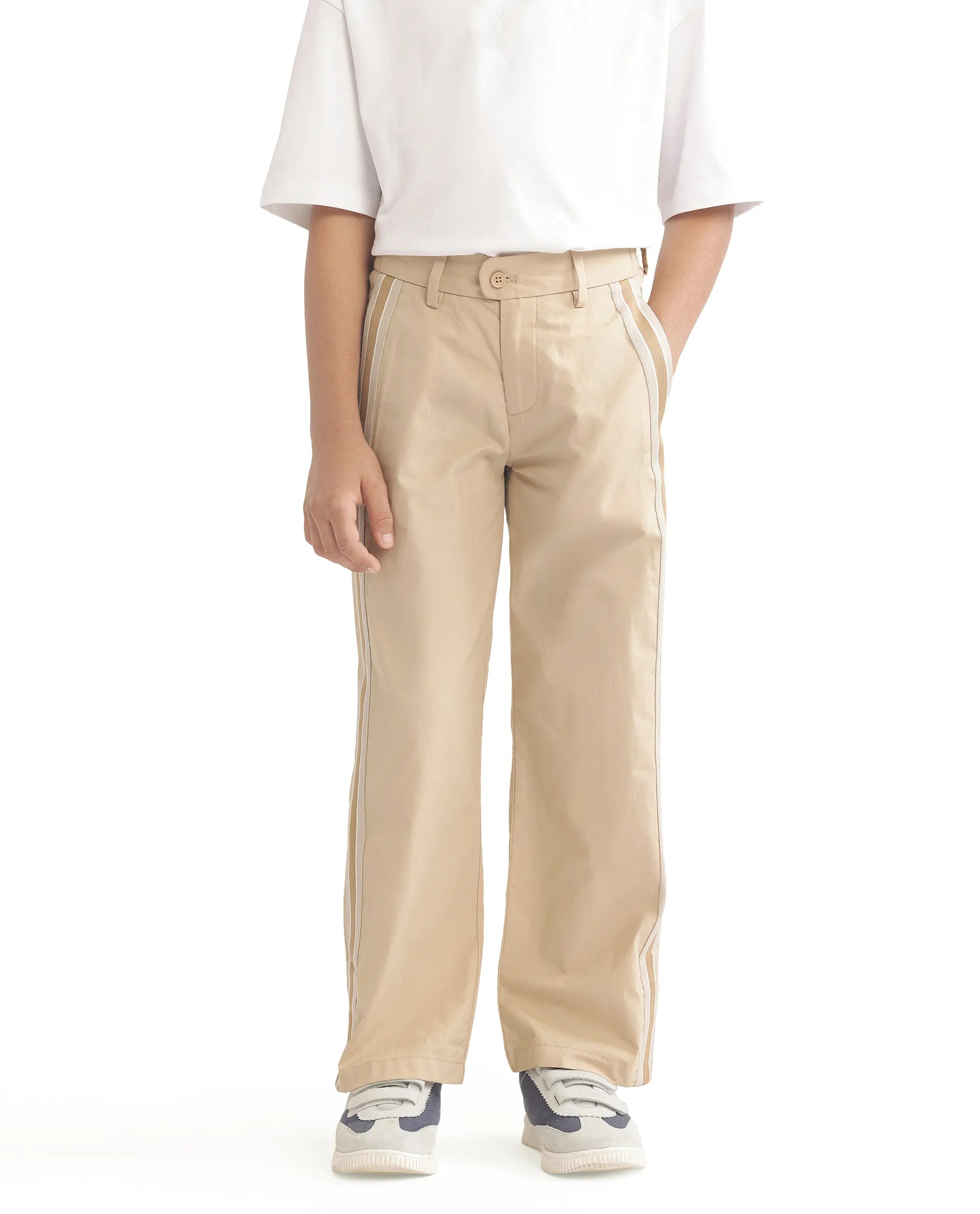 Rare Ones Kids Taper-B Beige Button & Zip Closure Regular Fit Tape Detailed Cotton Trouser