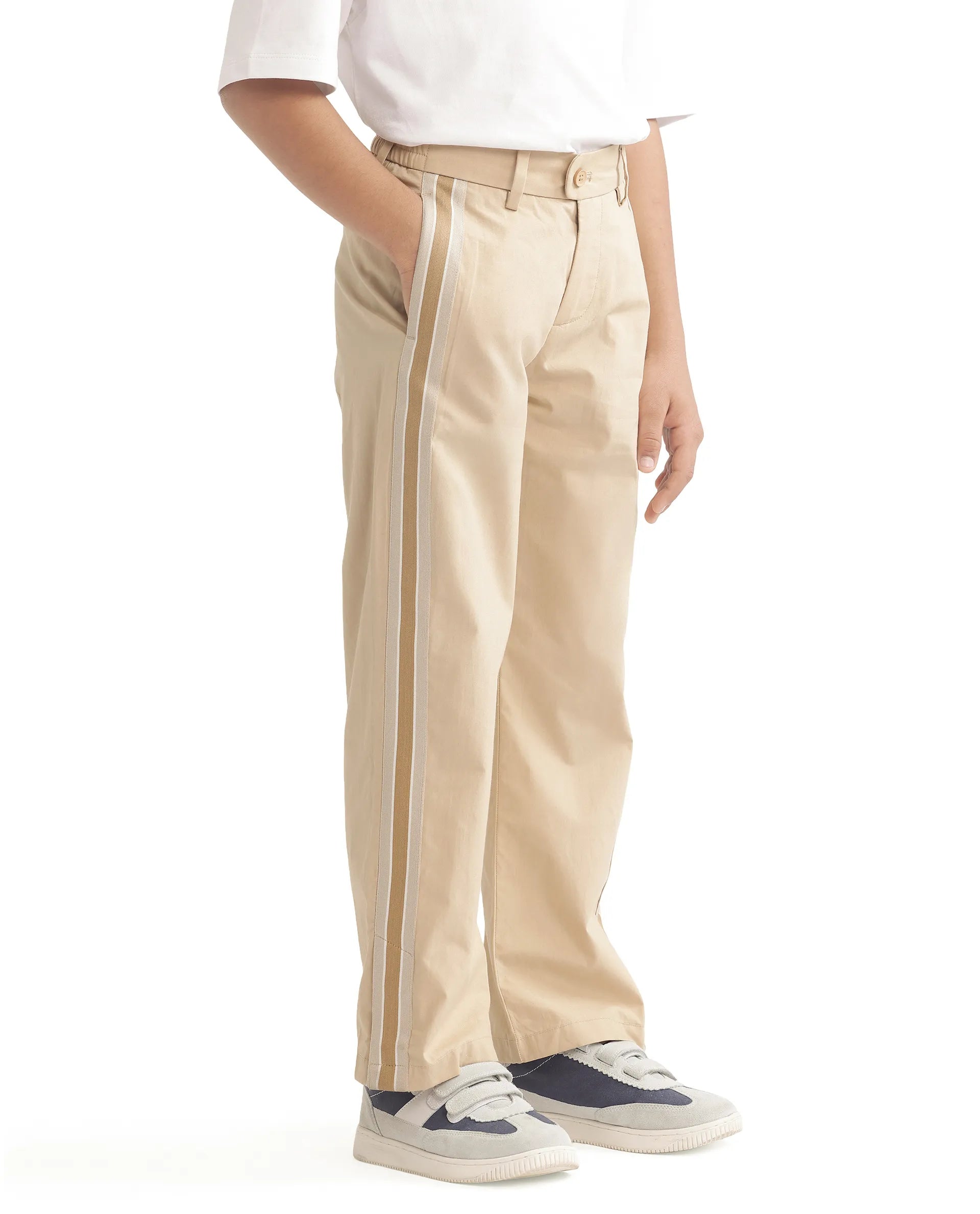 Rare Ones Kids Taper-B Beige Button & Zip Closure Regular Fit Tape Detailed Cotton Trouser