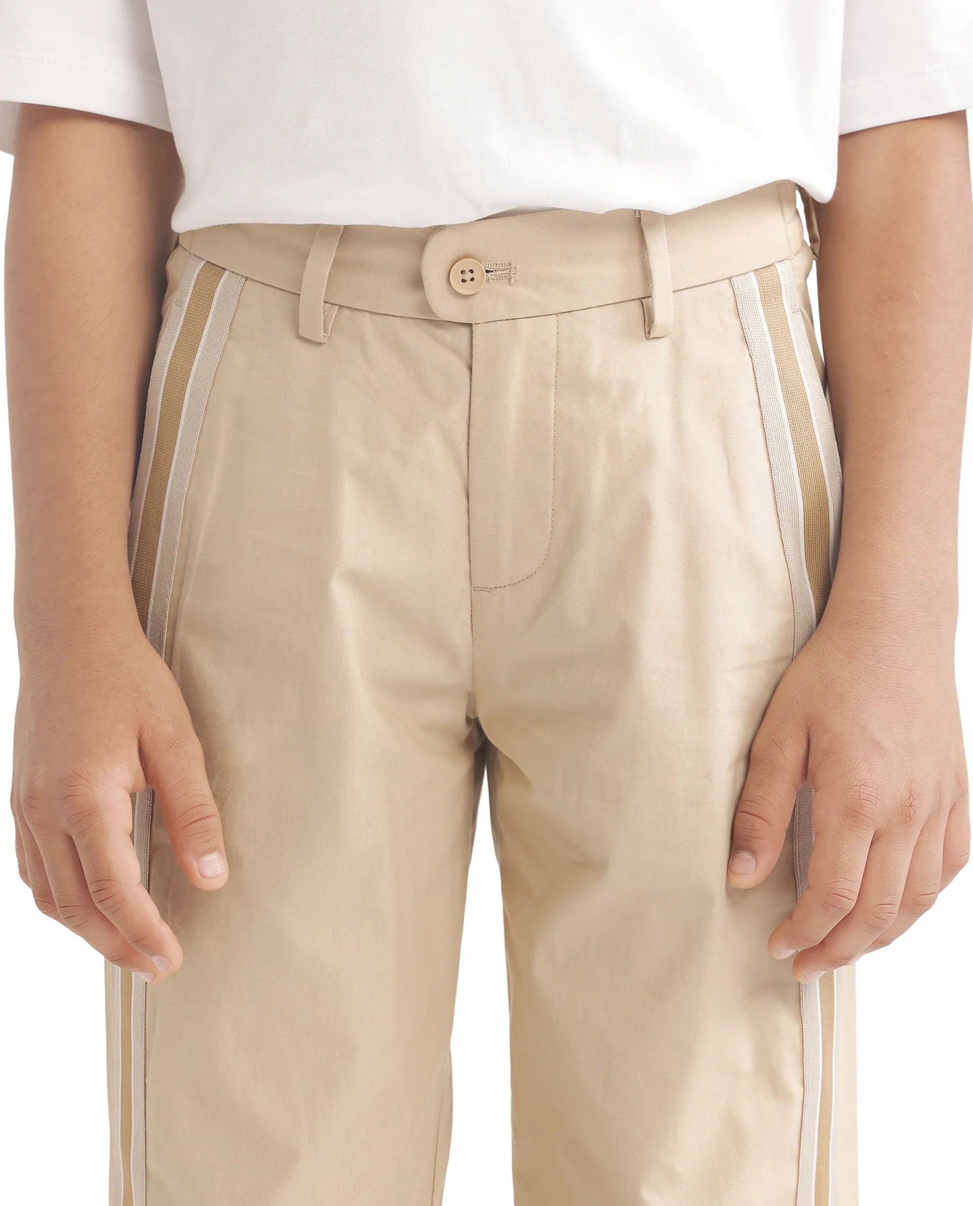 Rare Ones Kids Taper-B Beige Button & Zip Closure Regular Fit Tape Detailed Cotton Trouser