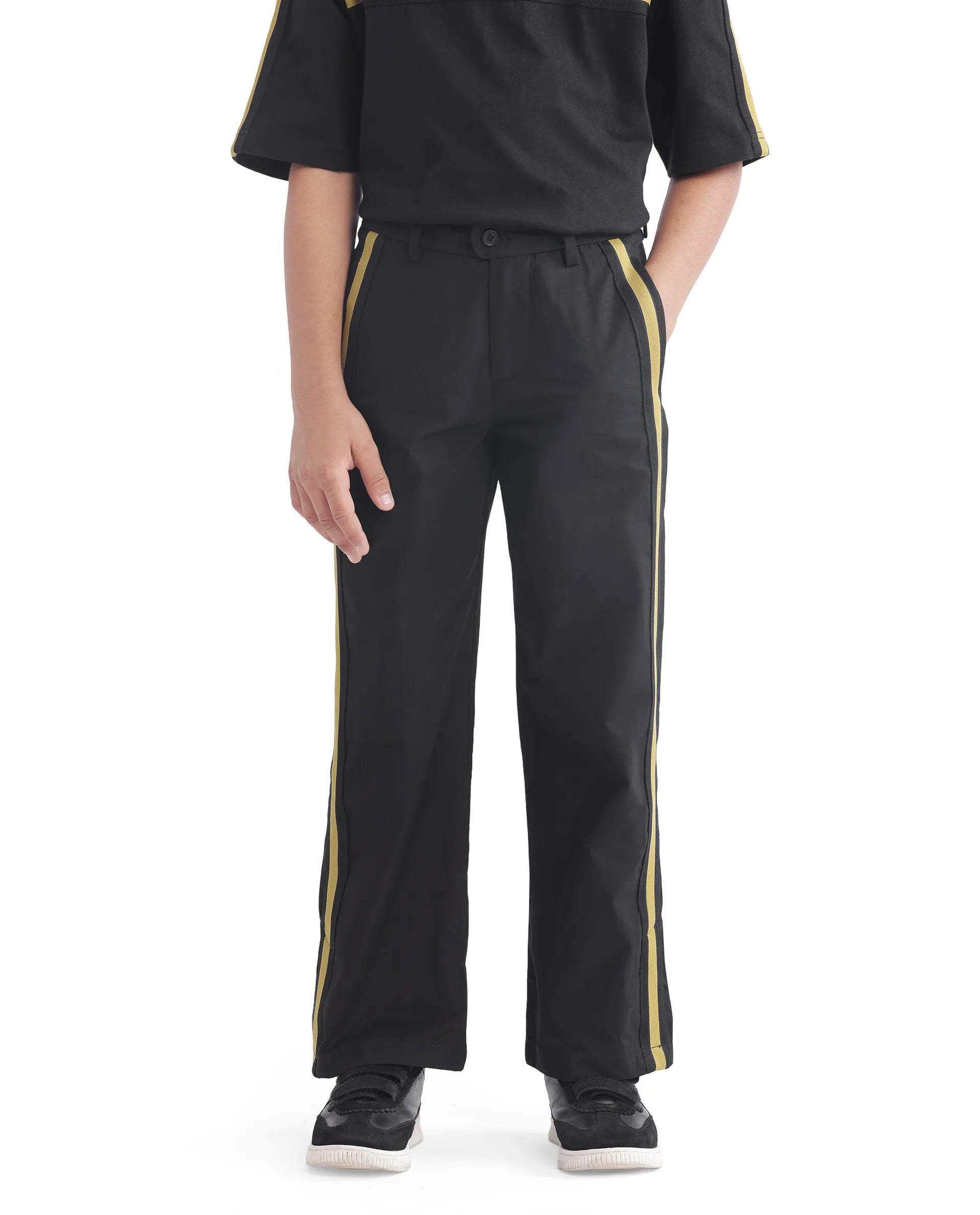 Rare Ones Kids Taper-B Black Tape Detailed Button And Zip Closure Regular Fit Cotton Trouser