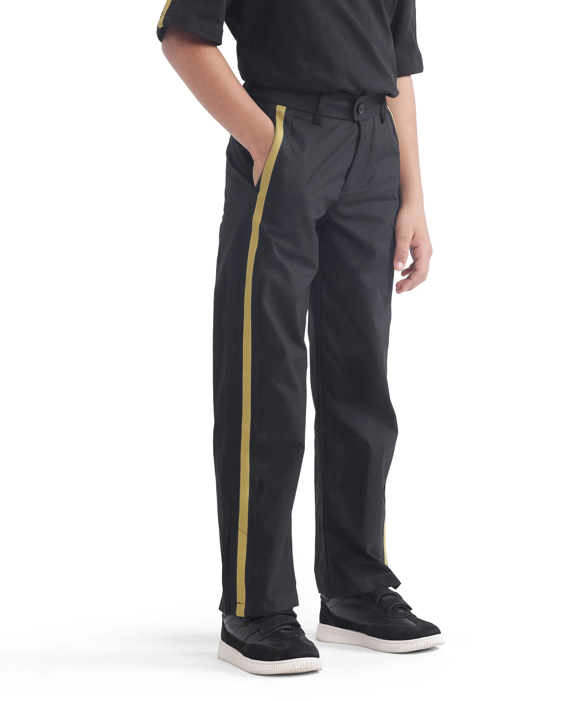 Rare Ones Kids Taper-B Black Tape Detailed Button And Zip Closure Regular Fit Cotton Trouser