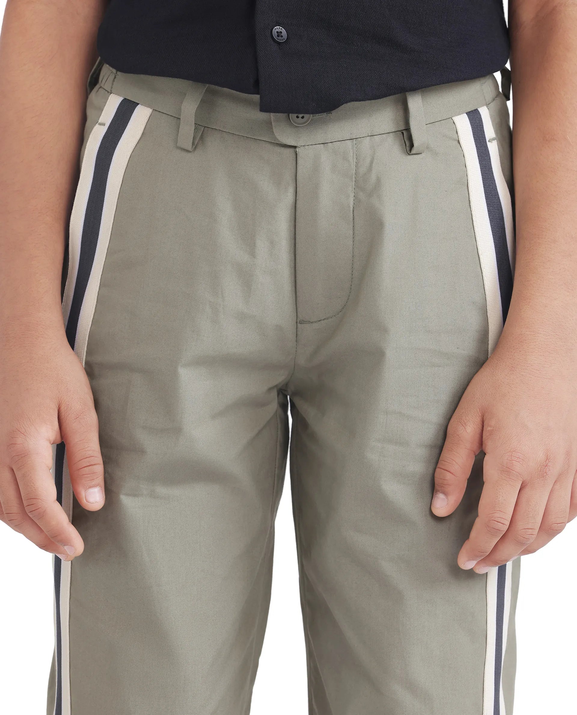 Rare Ones Kids Taper-B Olive Tape Detailed Button And Zip Closure Regular Fit Cotton Trouser