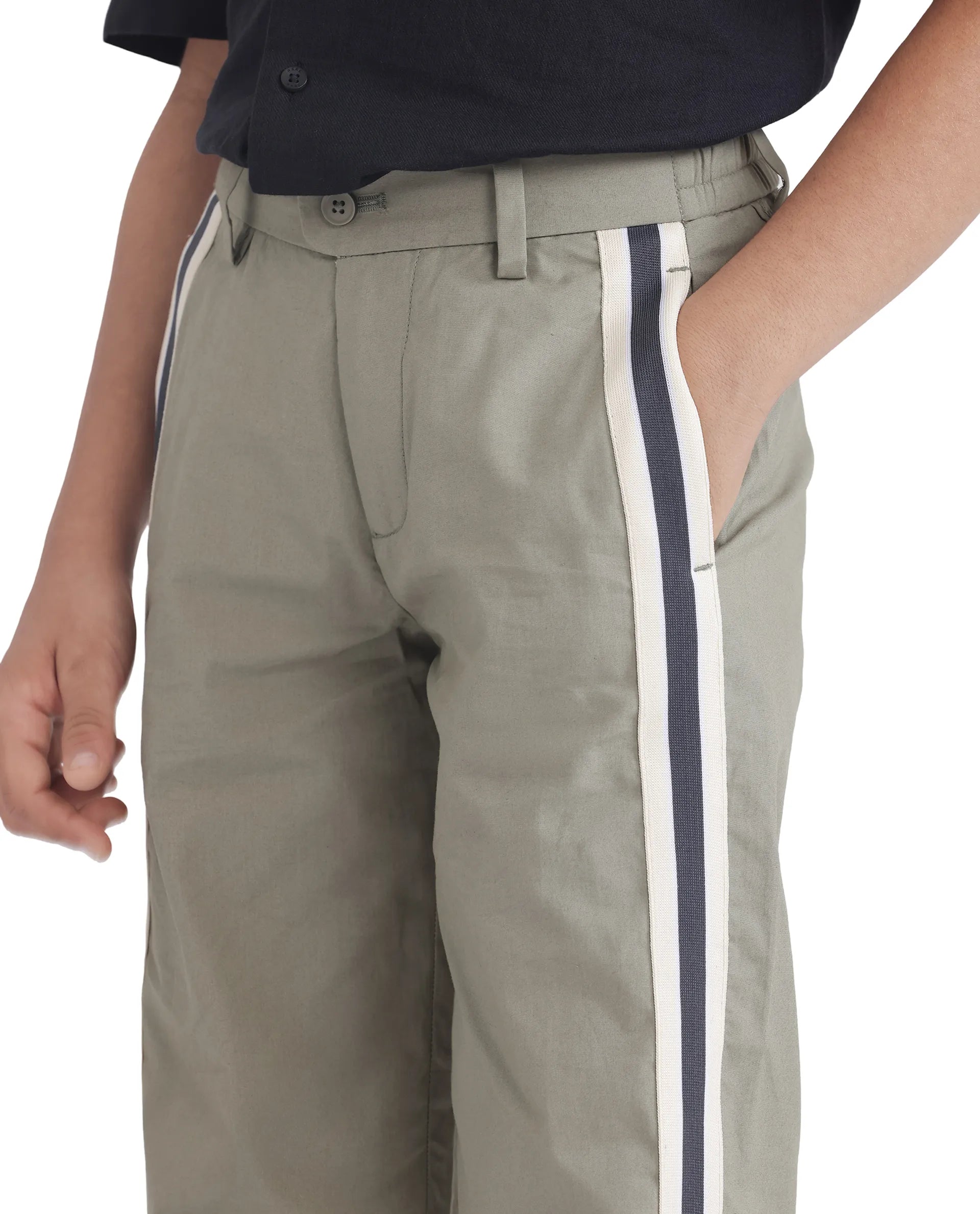 Rare Ones Kids Taper-B Olive Tape Detailed Button And Zip Closure Regular Fit Cotton Trouser