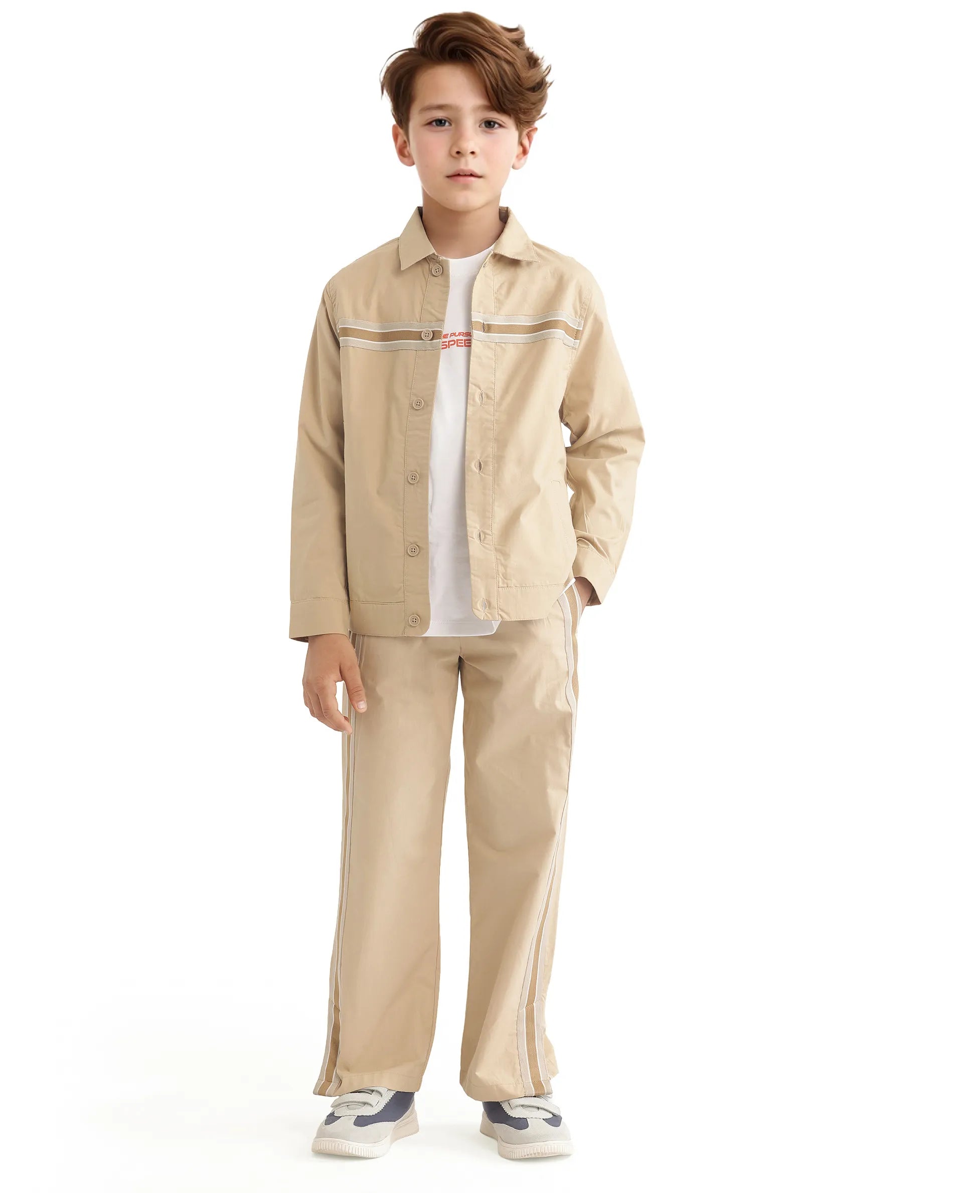 Rare Ones Kids Taper-S Beige Cotton Full Sleeve Button Closure Solid Terron Fit Shacket