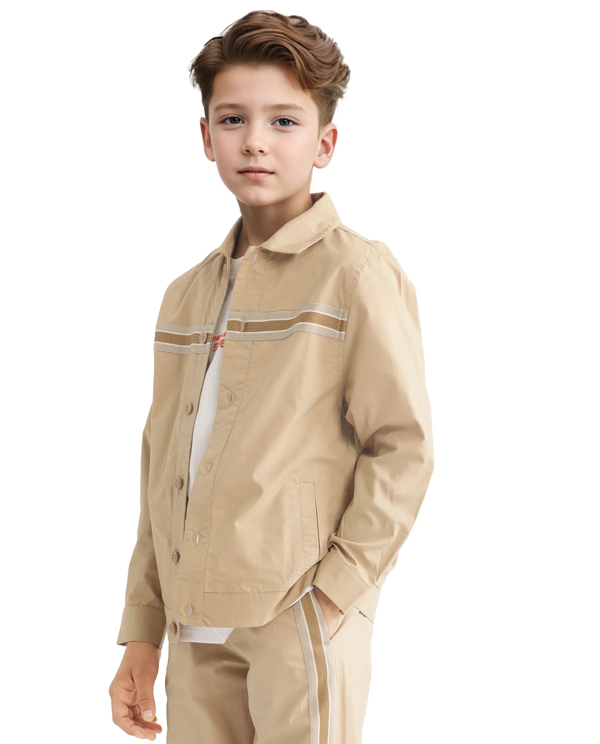 Rare Ones Kids Taper-S Beige Cotton Full Sleeve Button Closure Solid Terron Fit Shacket