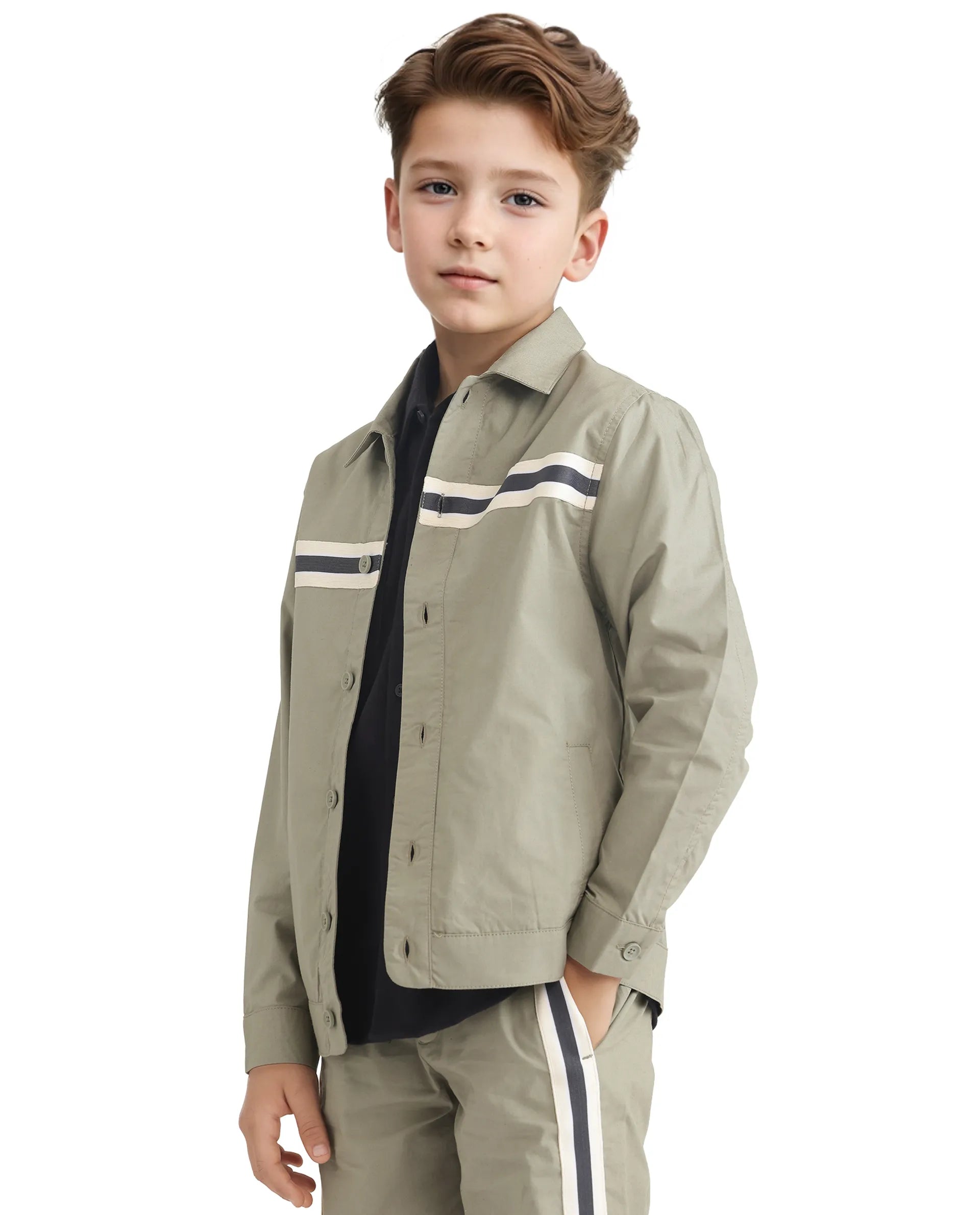 Rare Ones Kids Taper-S Olive Cotton Full Sleeve Button Closure Solid Terron Fit Shacket