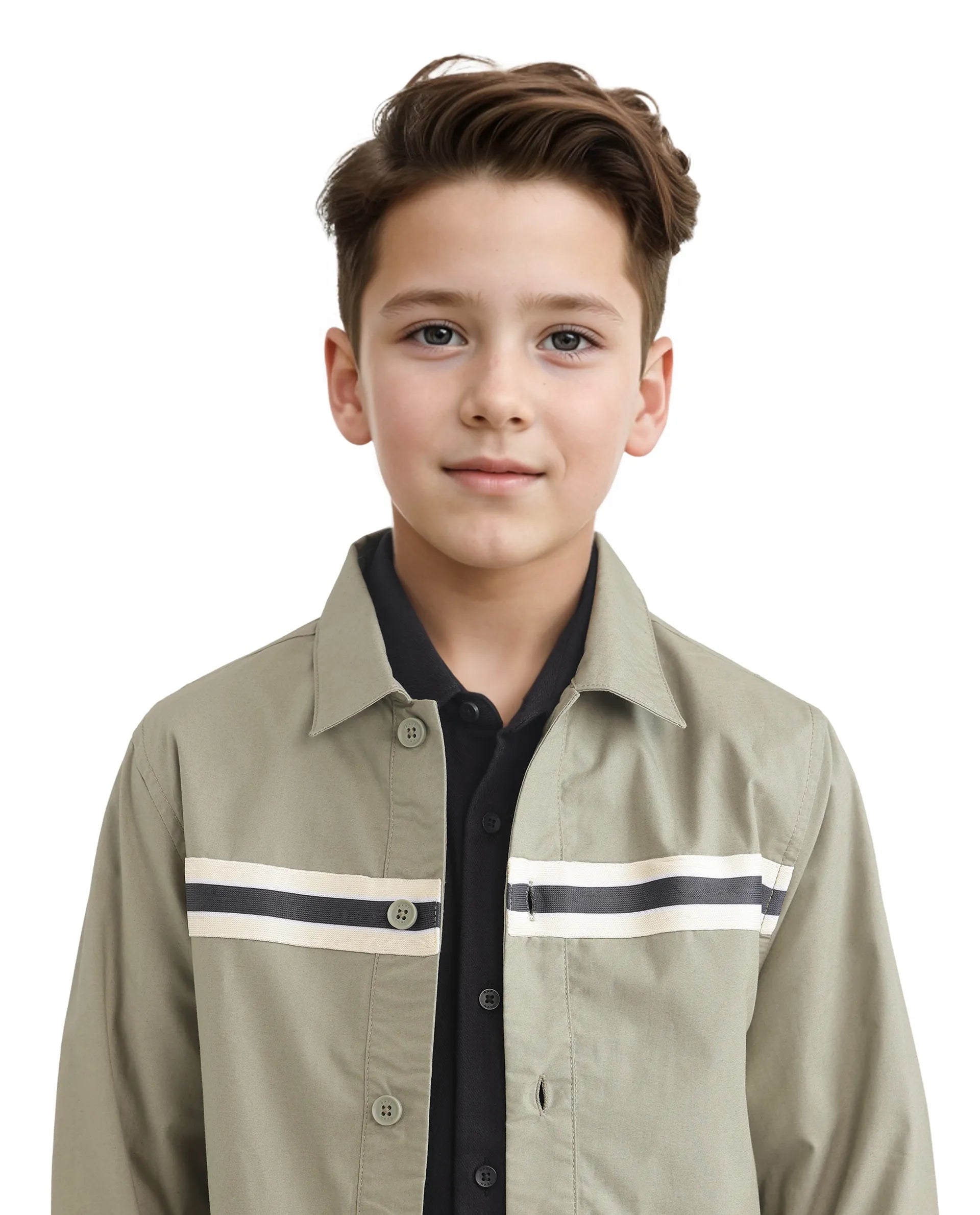 Rare Ones Kids Taper-S Olive Cotton Full Sleeve Button Closure Solid Terron Fit Shacket