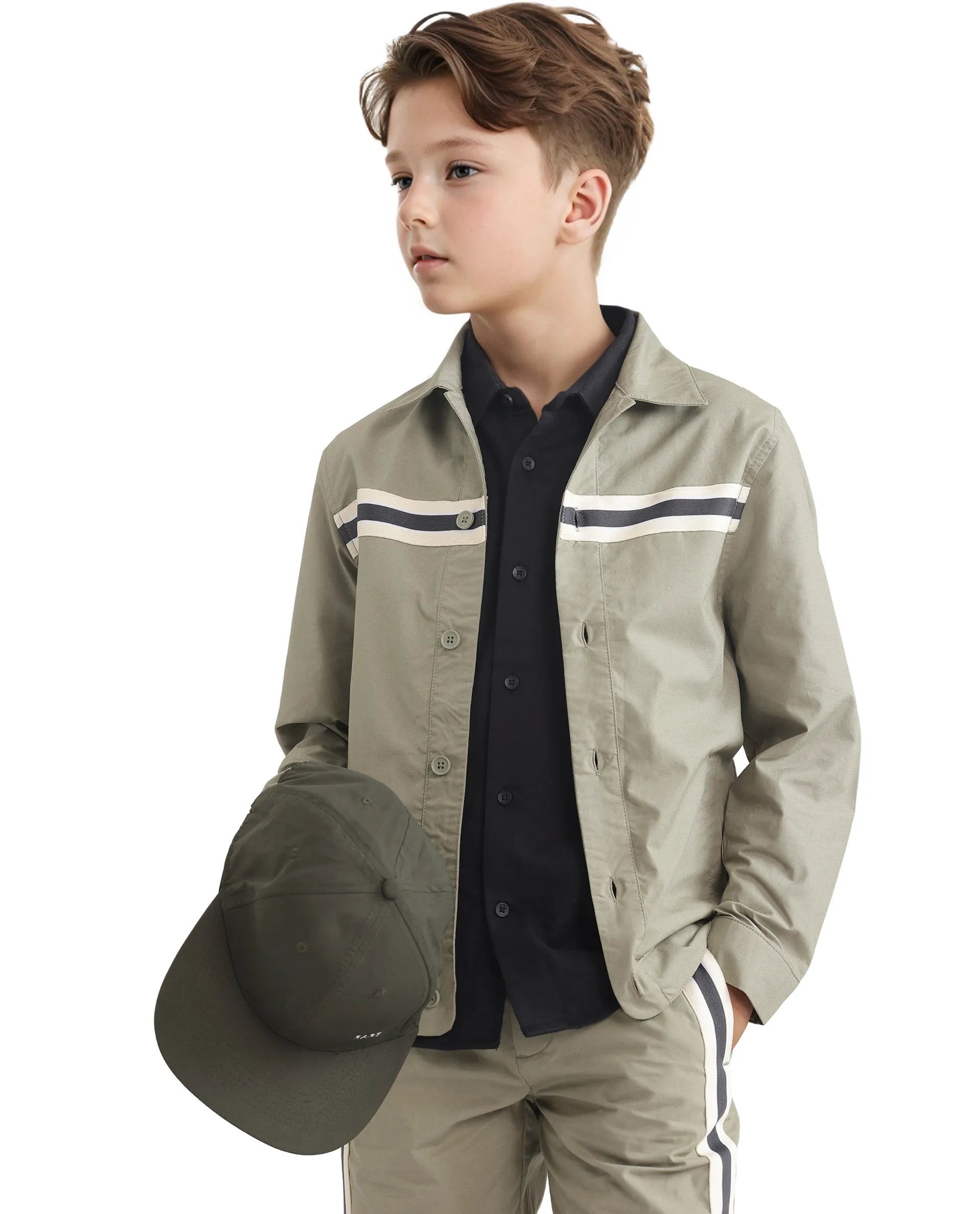 Rare Ones Kids Taper-S Olive Cotton Full Sleeve Button Closure Solid Terron Fit Shacket