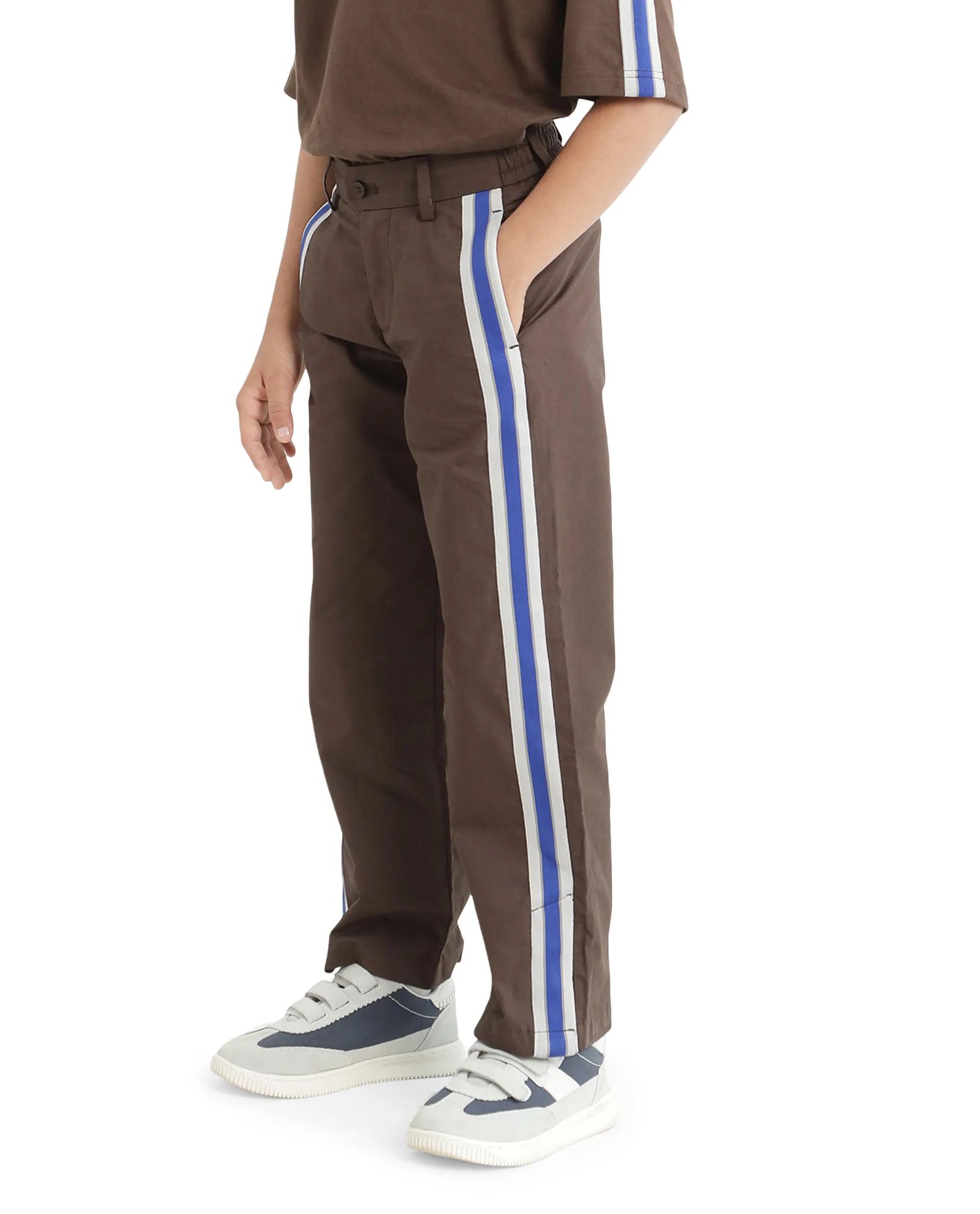 Rare Ones Kids Taper-B Brown Tape Detailed Button And Zip Closure Regular Fit Cotton Trouser