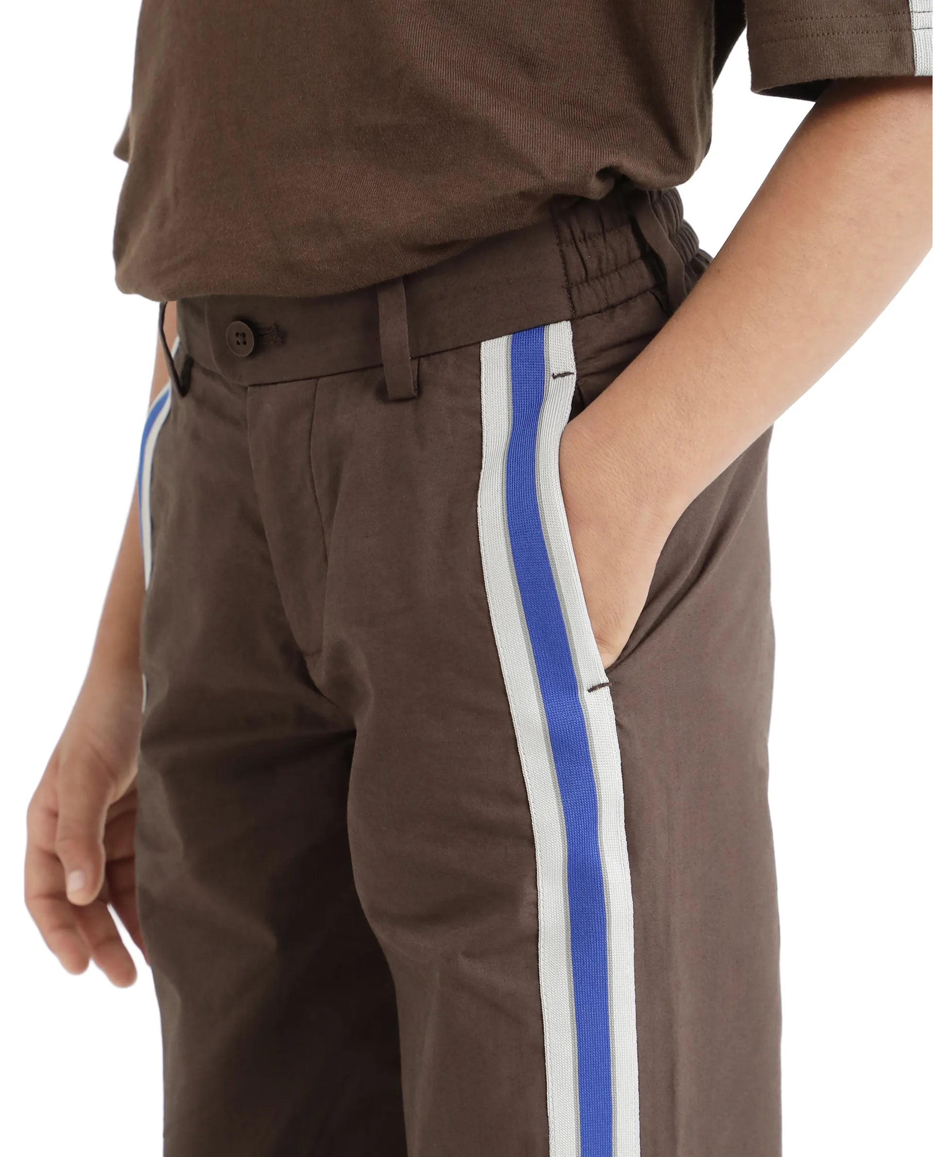Rare Ones Kids Taper-B Brown Tape Detailed Button And Zip Closure Regular Fit Cotton Trouser