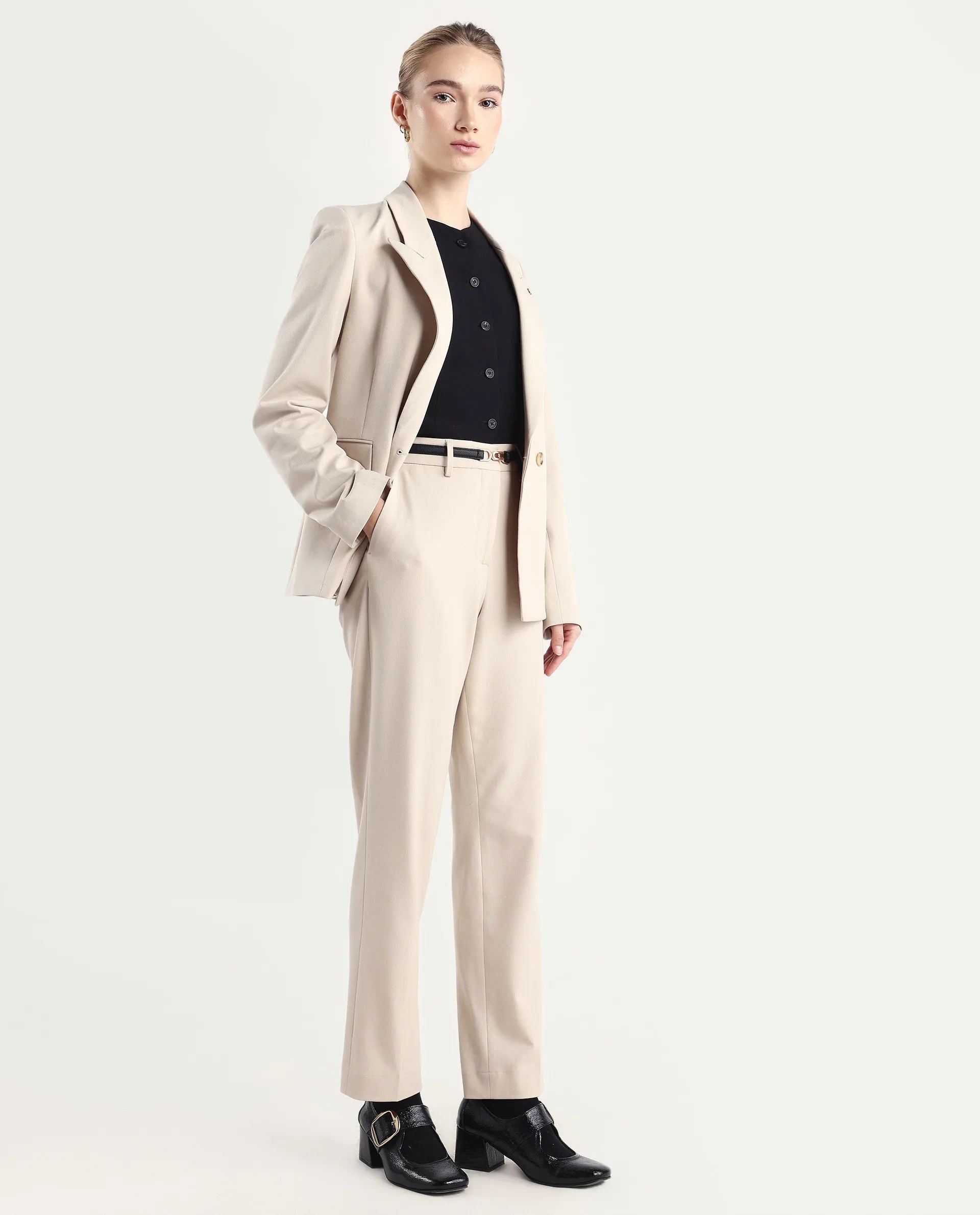 Rareism Women Taper Beige Polyester Blend Button Closure Tapered Fit Plain Travel Trouser