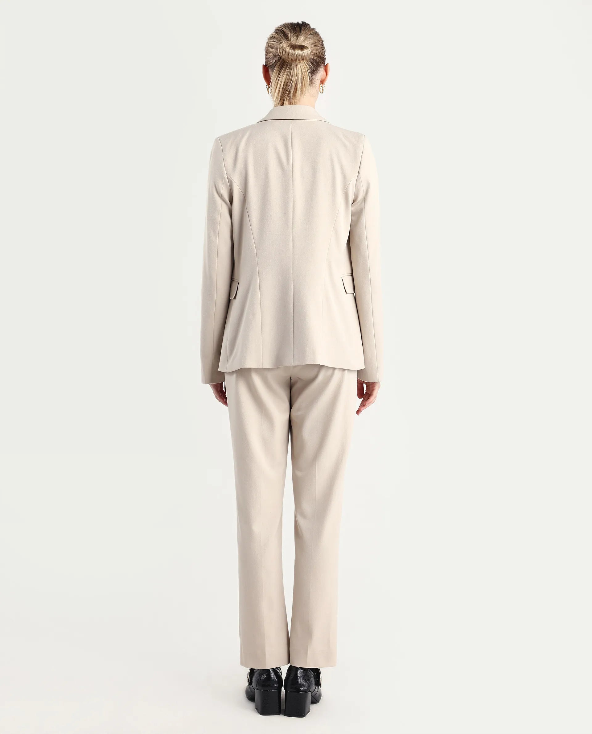 Rareism Women Taper Beige Polyester Blend Button Closure Tapered Fit Plain Travel Trouser