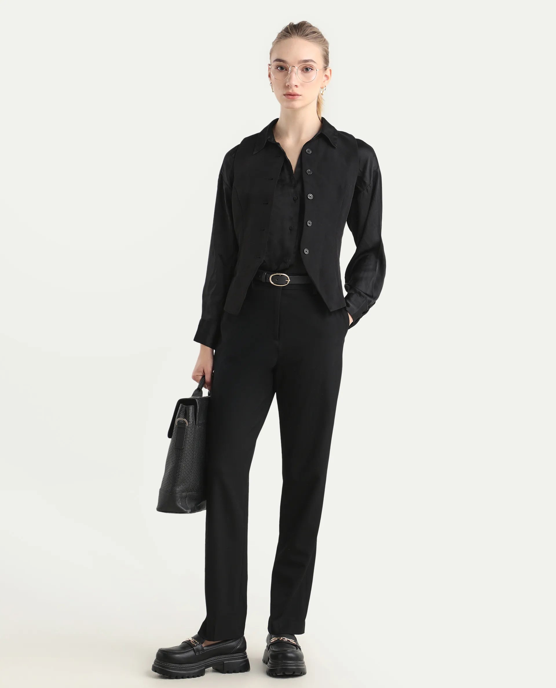 Rareism Women's Taper Black Polyester Blend Tapered Ankle Length Plain Travel Trouser