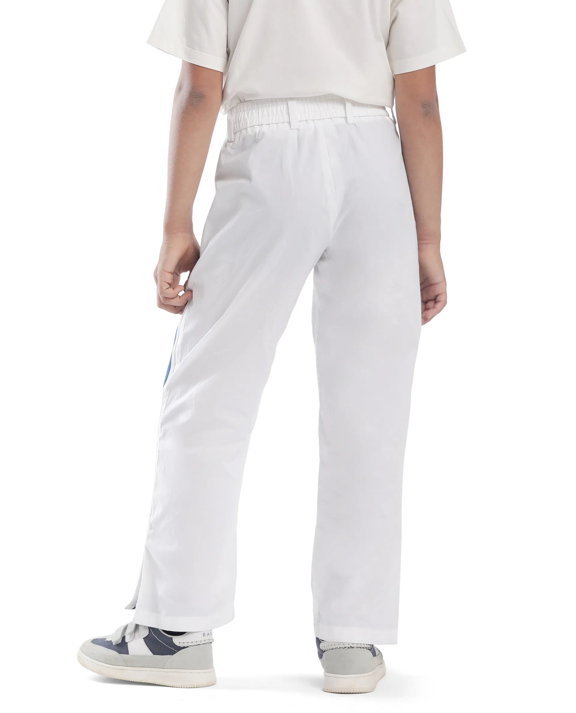 Rare Ones Kids Taper-B White Cotton Tape Detailed Button And Zip Closure Regular Fit Cotton Trouser