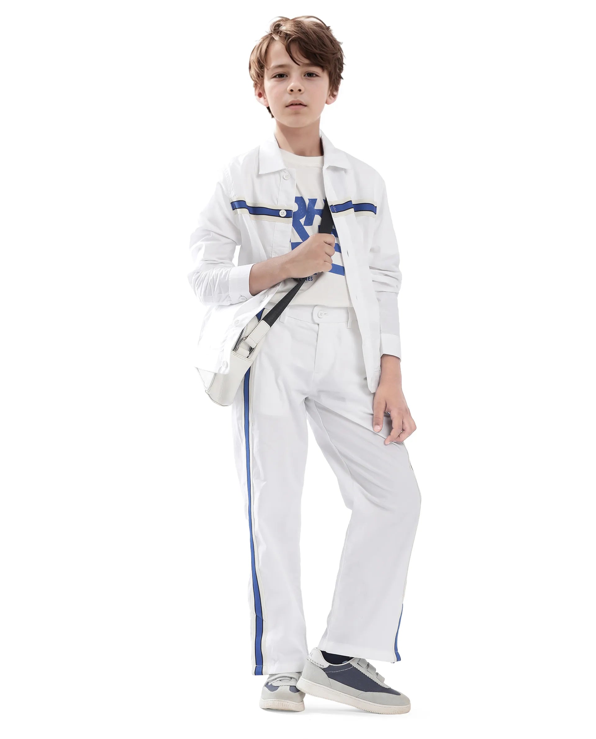 Rare Ones Kids Taper-B White Cotton Tape Detailed Button And Zip Closure Regular Fit Cotton Trouser