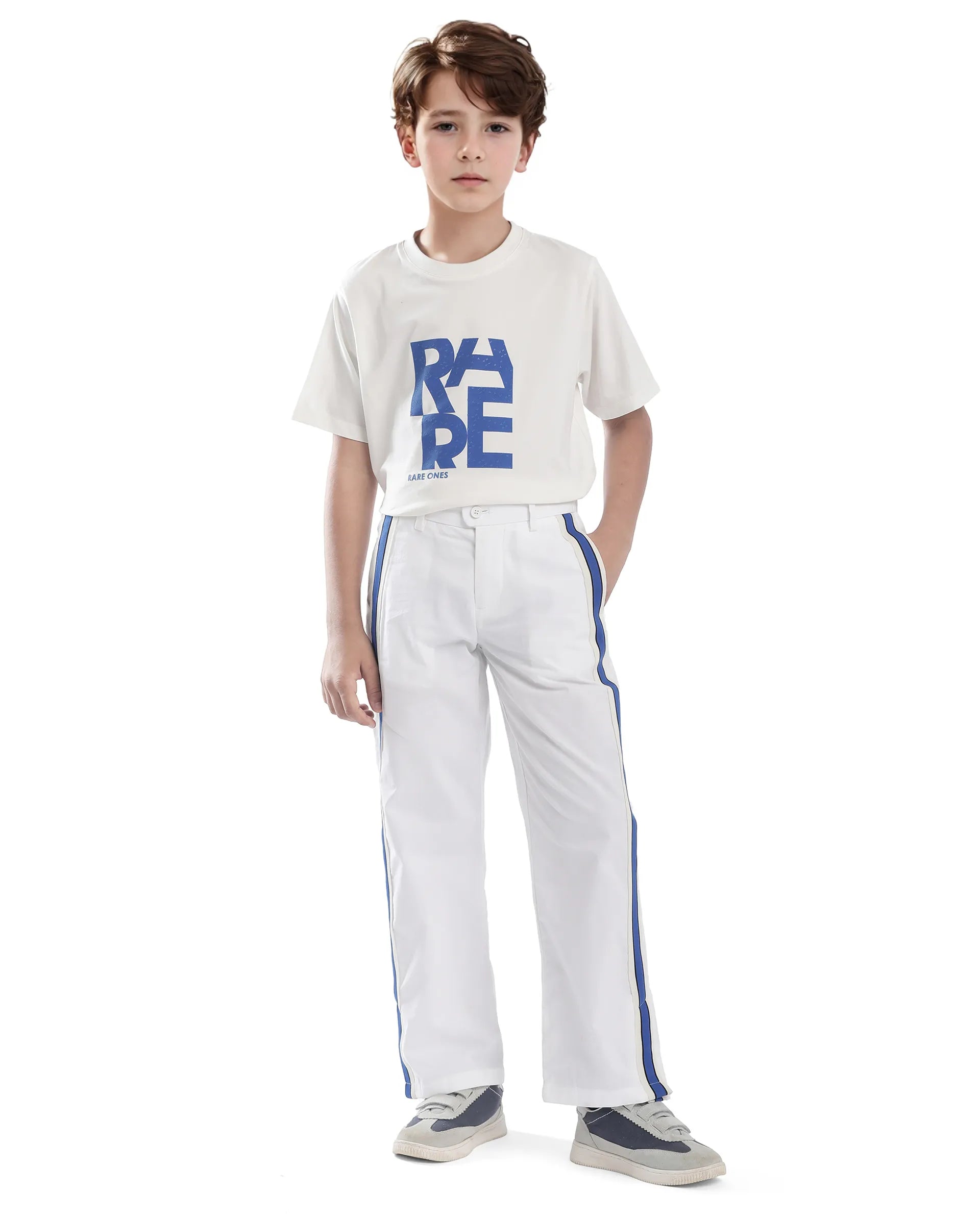 Rare Ones Kids Taper-B White Cotton Tape Detailed Button And Zip Closure Regular Fit Cotton Trouser