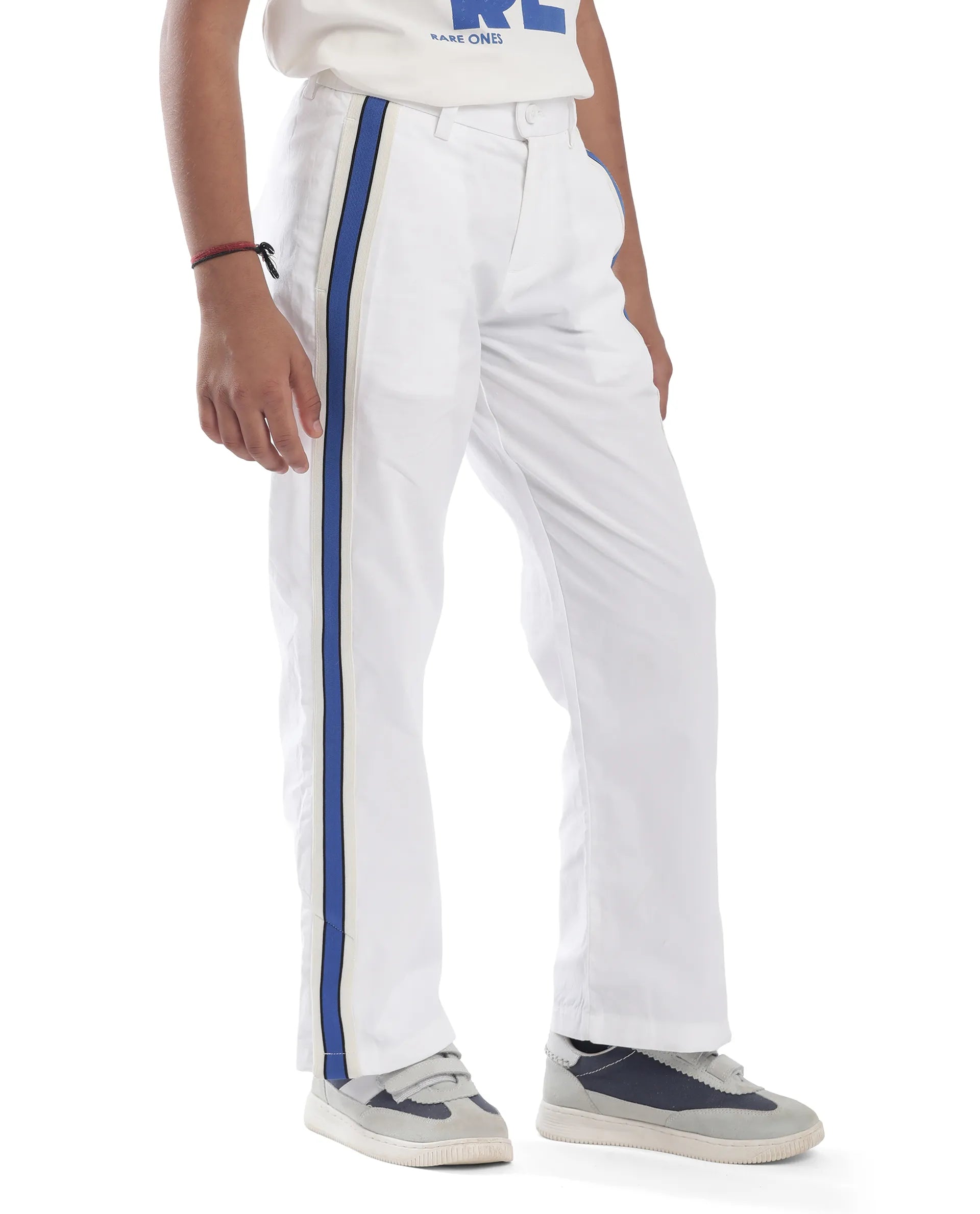Rare Ones Kids Taper-B White Cotton Tape Detailed Button And Zip Closure Regular Fit Cotton Trouser