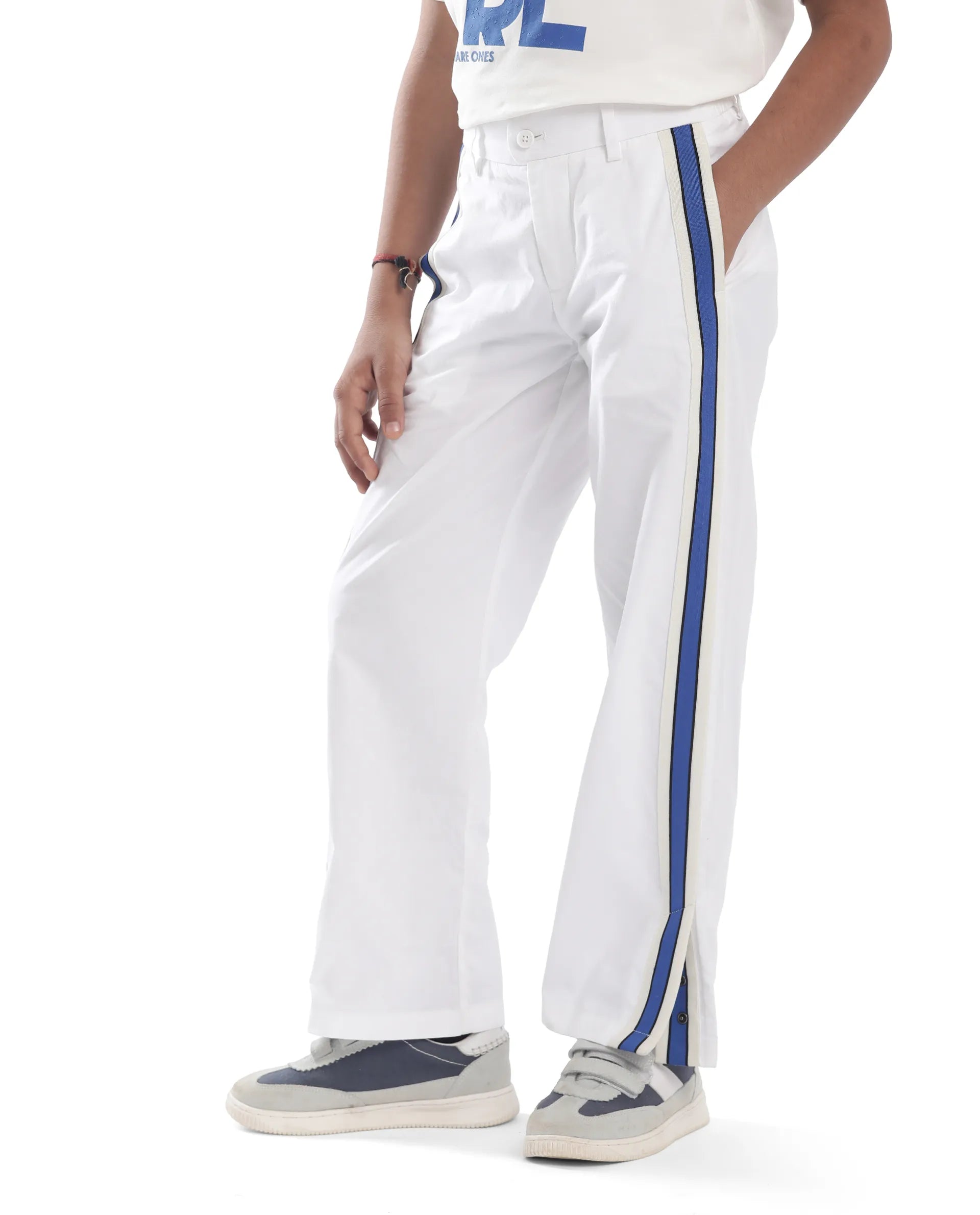 Rare Ones Kids Taper-B White Cotton Tape Detailed Button And Zip Closure Regular Fit Cotton Trouser
