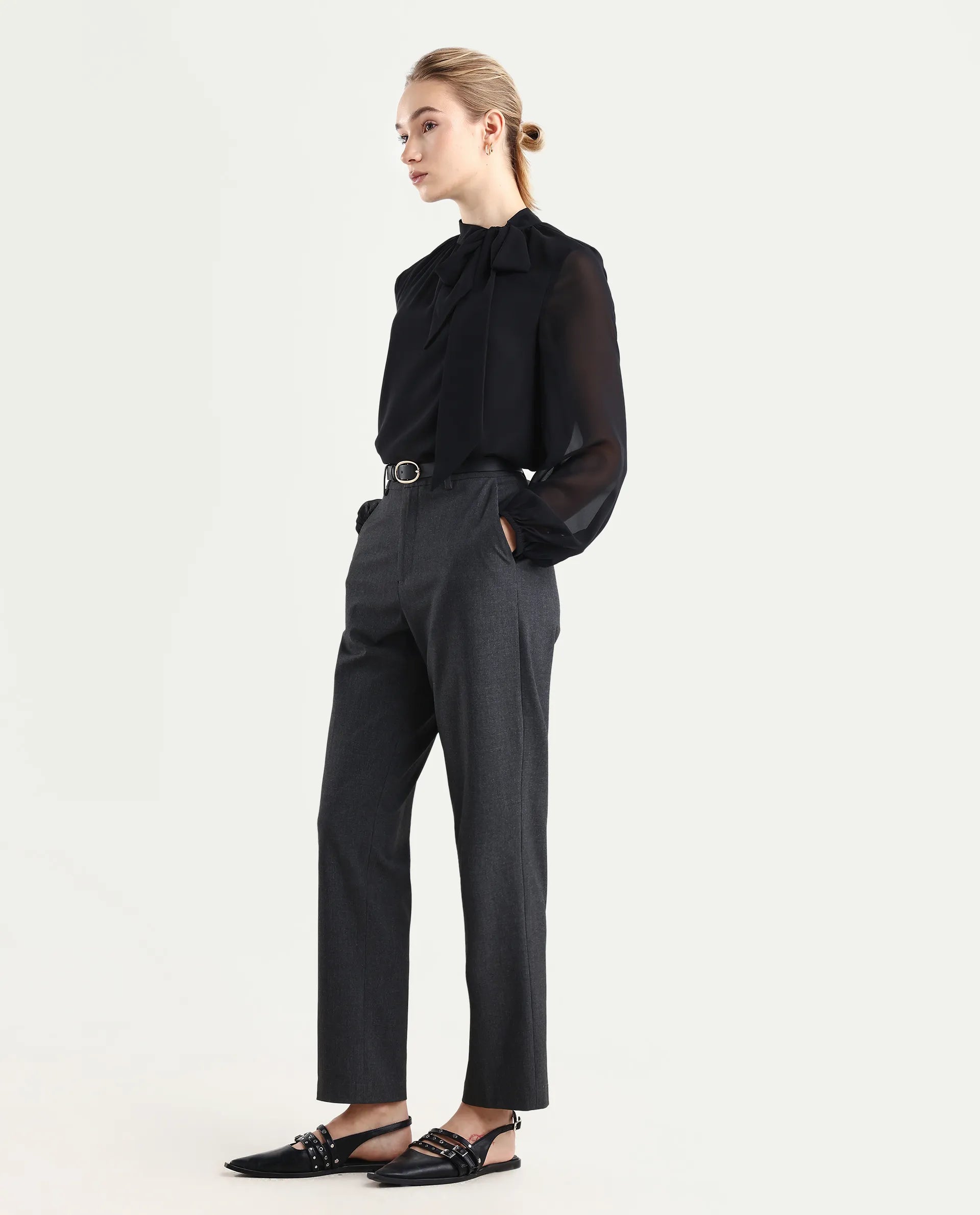 Rareism Women's Taper Grey Polyester Blend Tapered Plain Travel Trouser