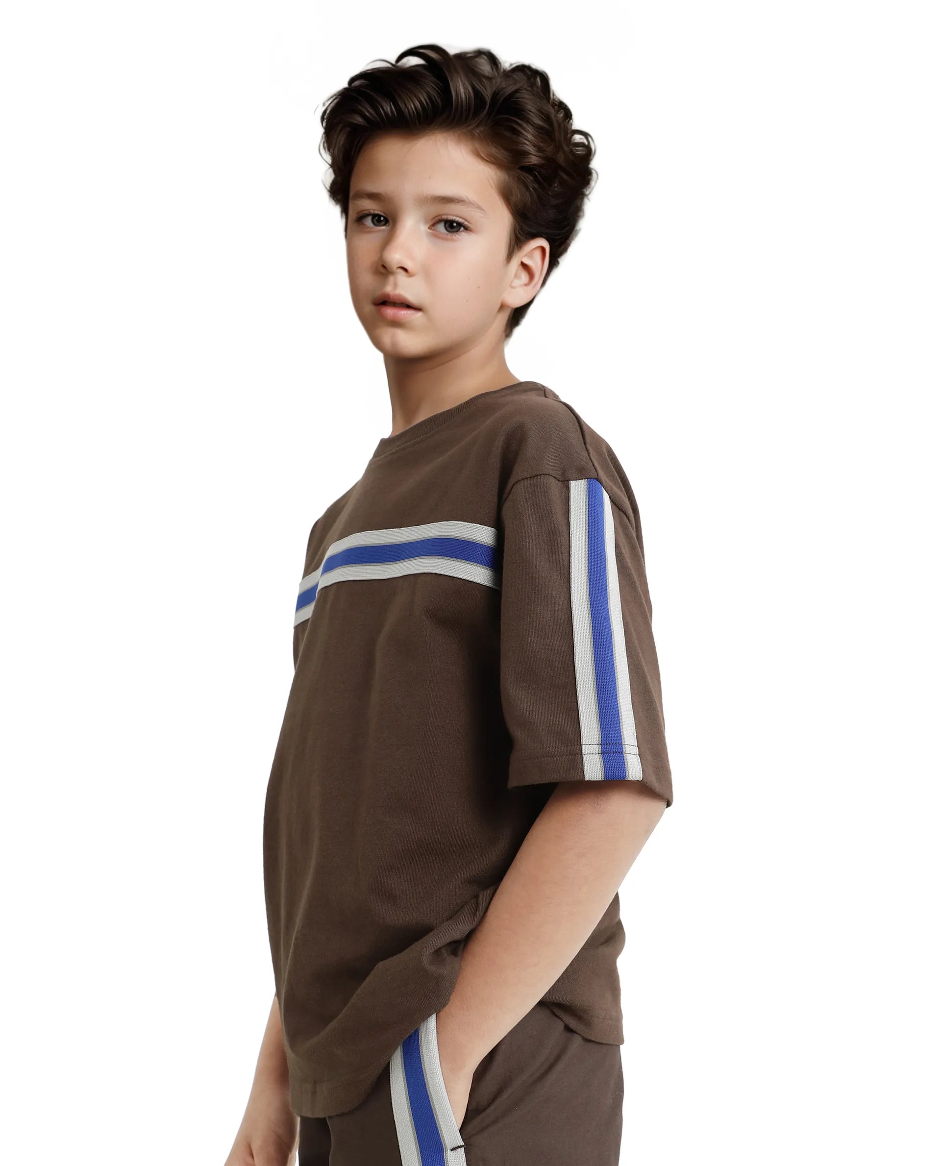 Rare Ones Kids Taper-T Dark Brown Polyester Fabric Short Sleeve Crew Neck Plain T-Shirt