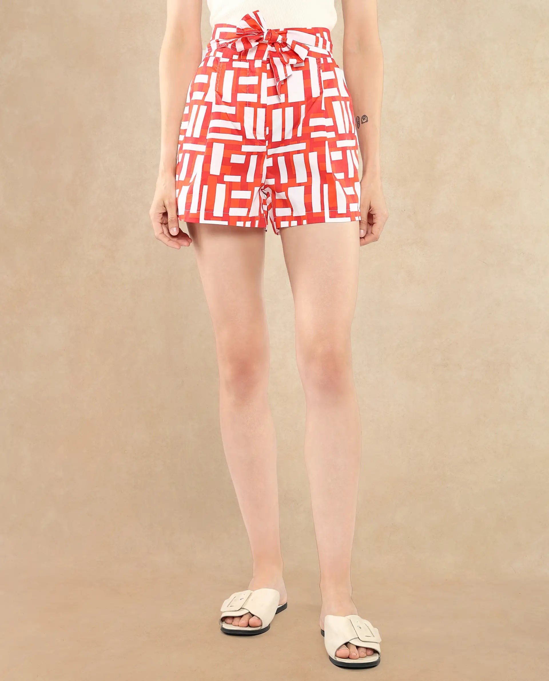 Rareism Women Taranto Red Cotton Fabric Loop Geometric Print Mini Shorts