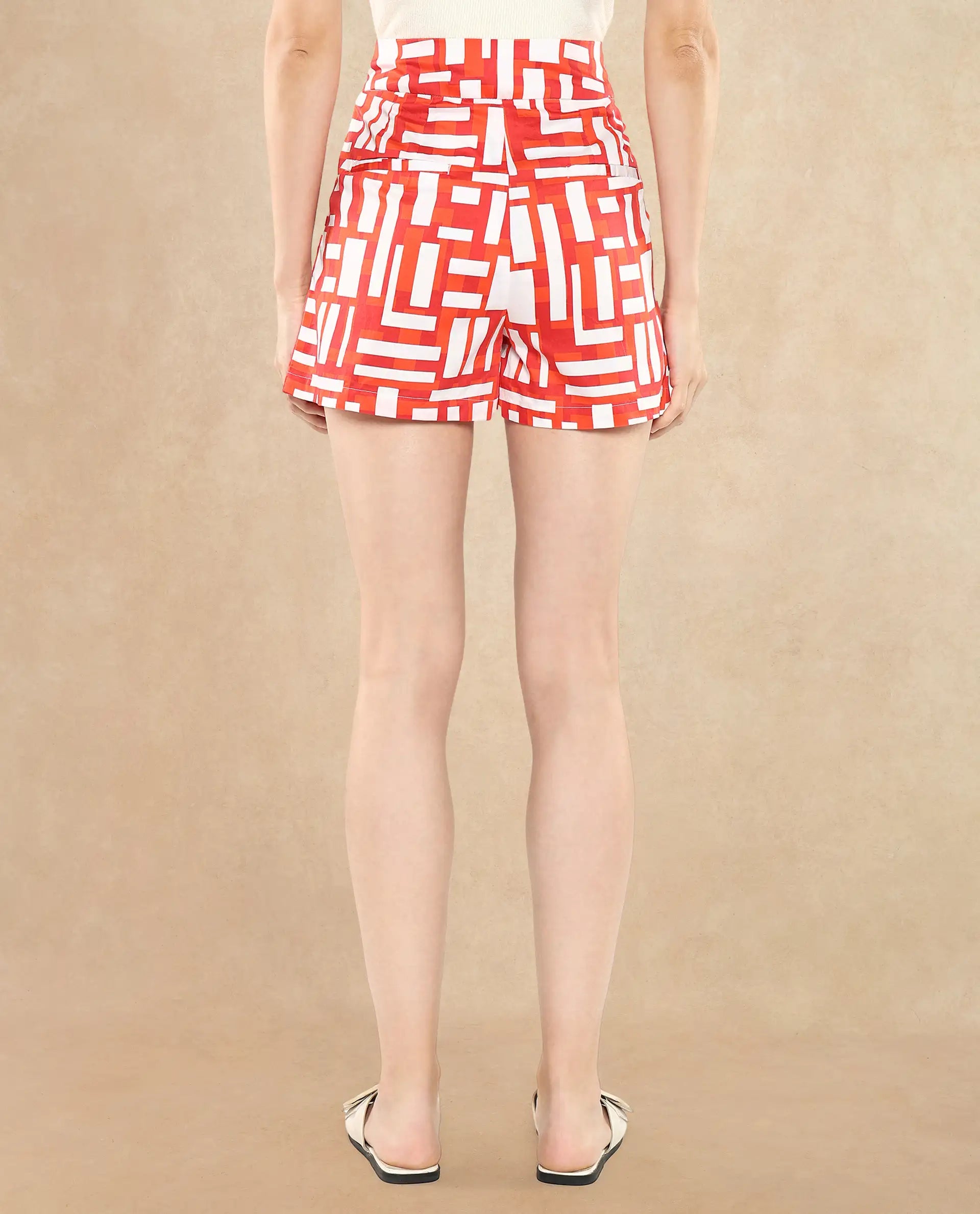 Rareism Women Taranto Red Cotton Fabric Loop Geometric Print Mini Shorts