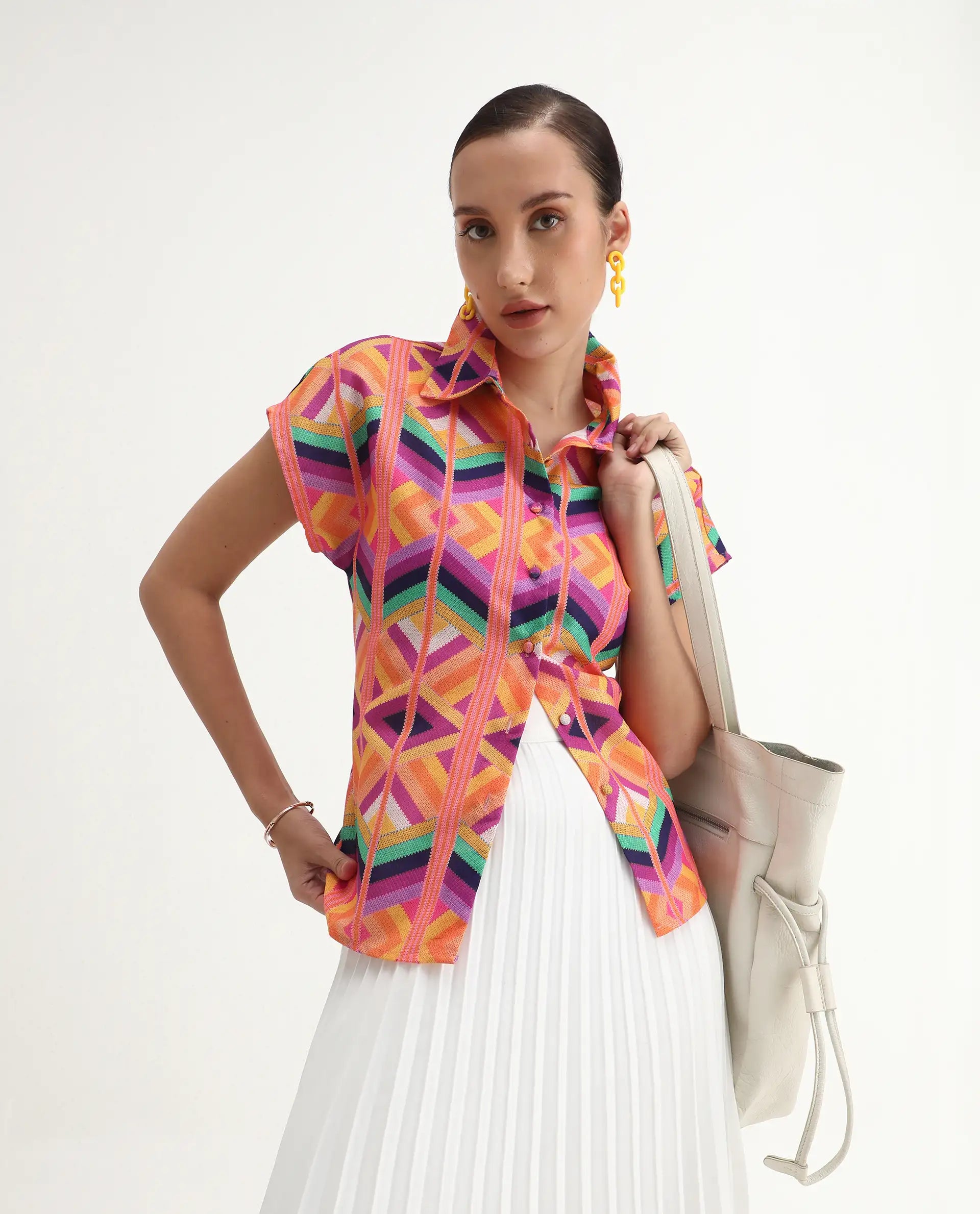 Rareism Women's Tarasa Multi Linen Spread Collar Geometric Print Extended Sleeves Regular Fit Top