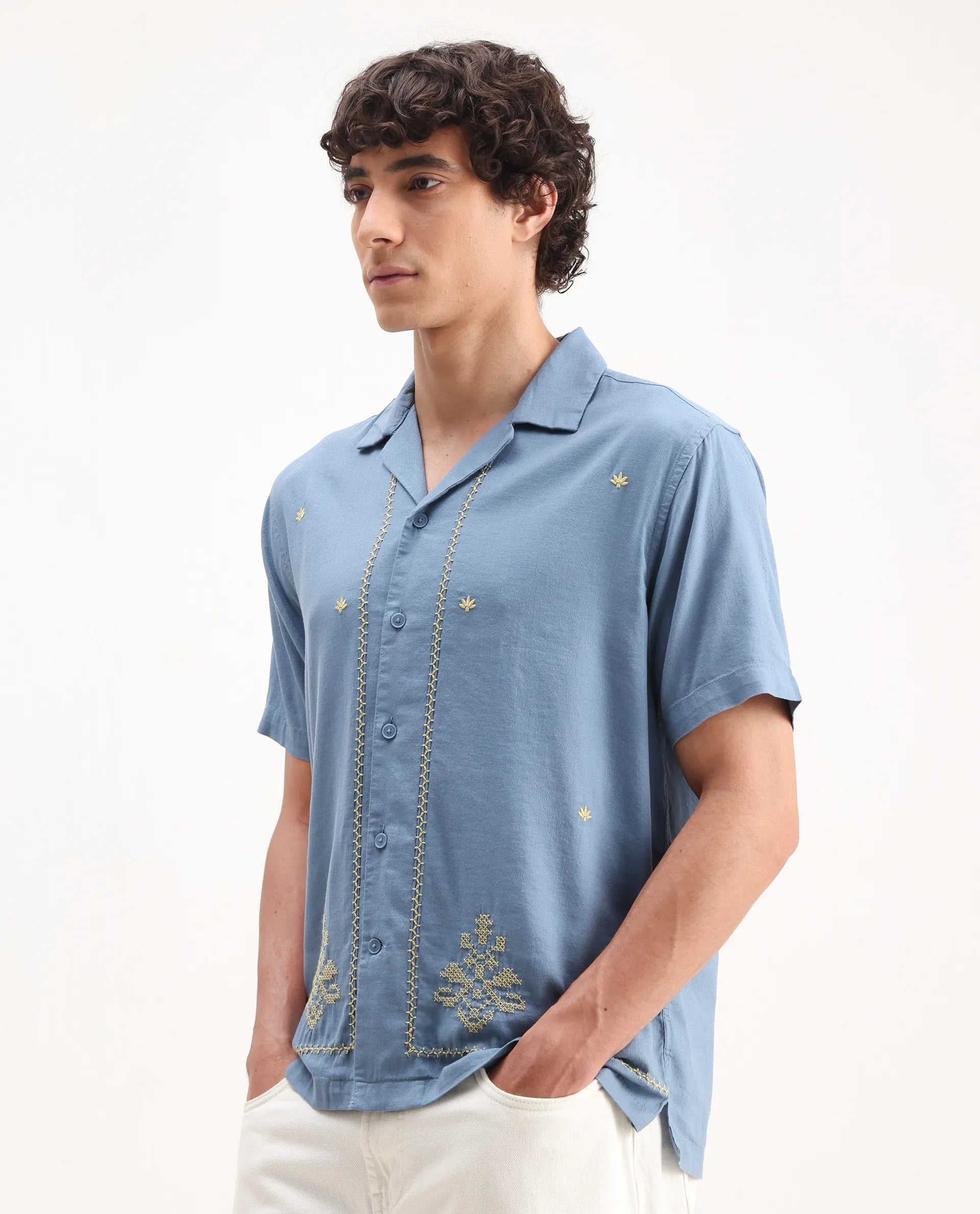 Rare Rabbit Men's Tared Dusky Blue Cotton Embroidered Boxy Fit Half Sleeve Cuban Collar Shirt