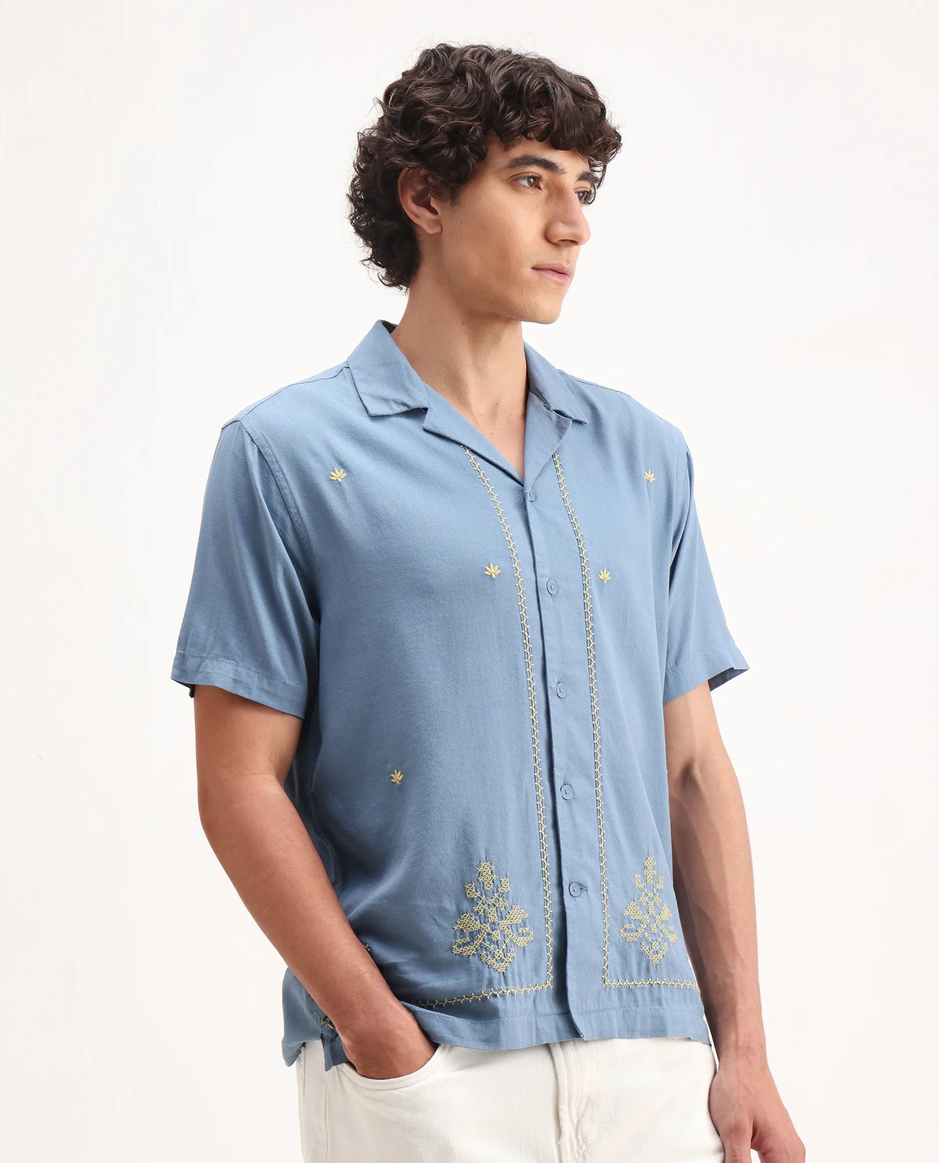 Rare Rabbit Men's Tared Dusky Blue Cotton Embroidered Boxy Fit Half Sleeve Cuban Collar Shirt