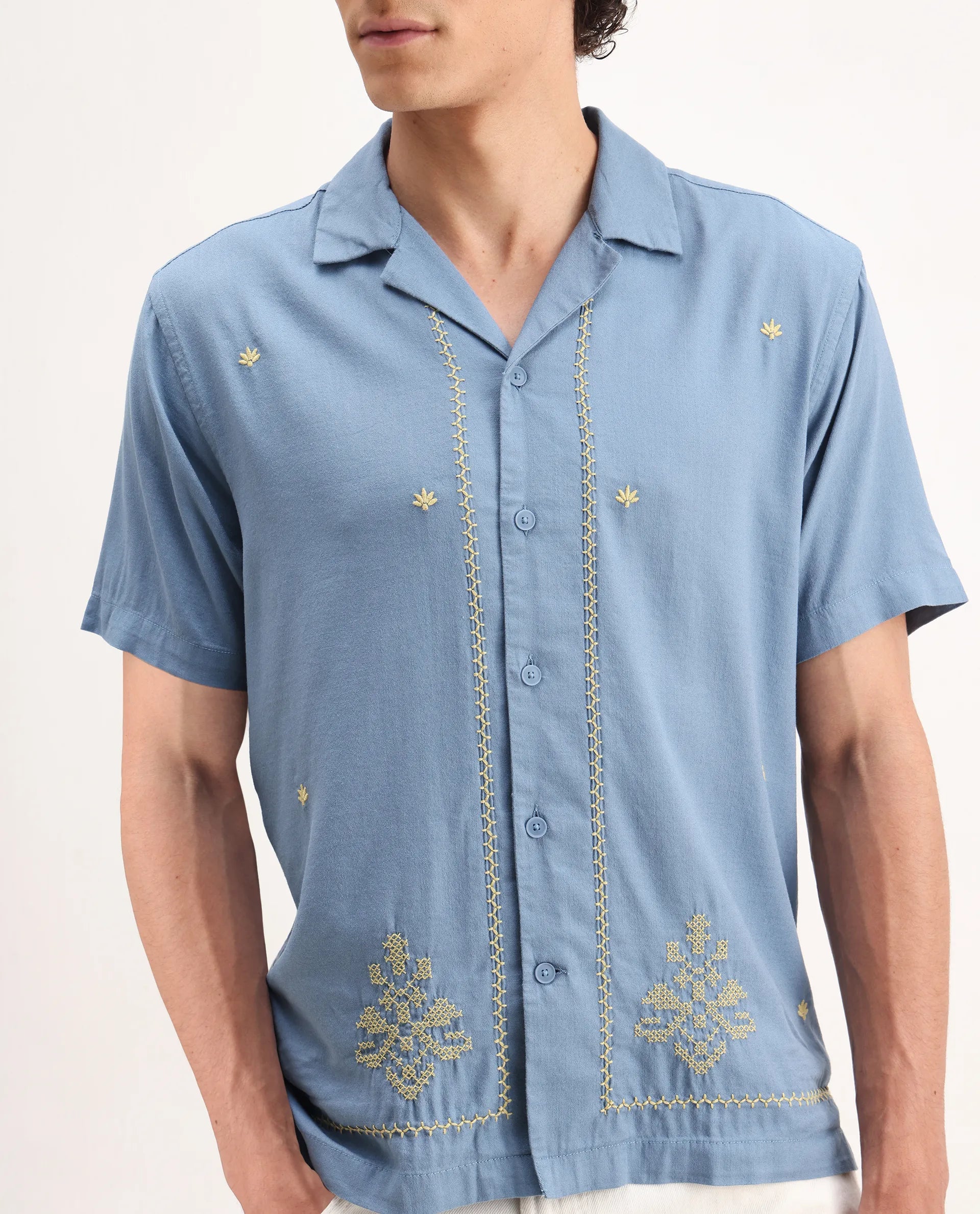 Rare Rabbit Men's Tared Dusky Blue Cotton Embroidered Boxy Fit Half Sleeve Cuban Collar Shirt