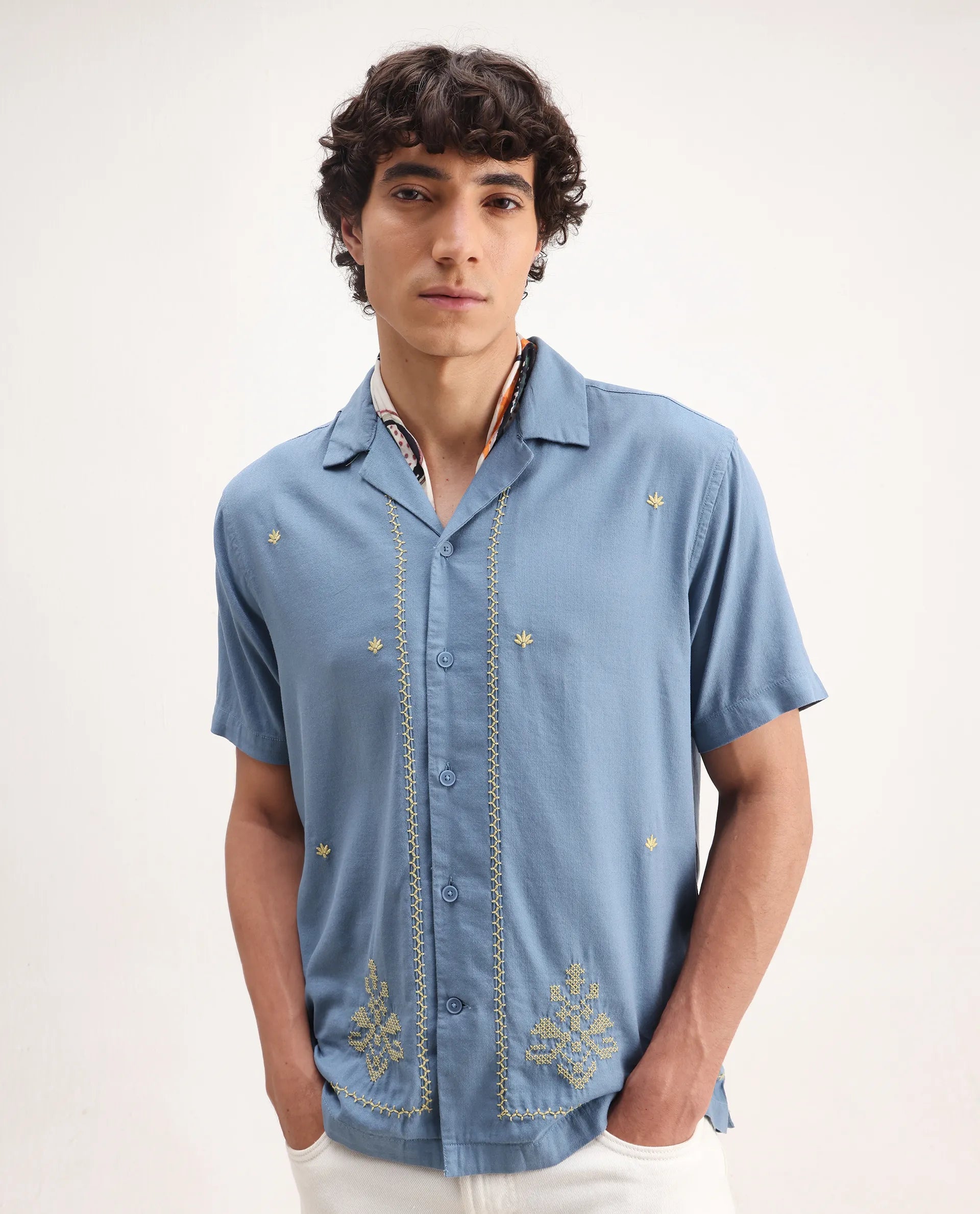 Rare Rabbit Men's Tared Dusky Blue Cotton Embroidered Boxy Fit Half Sleeve Cuban Collar Shirt